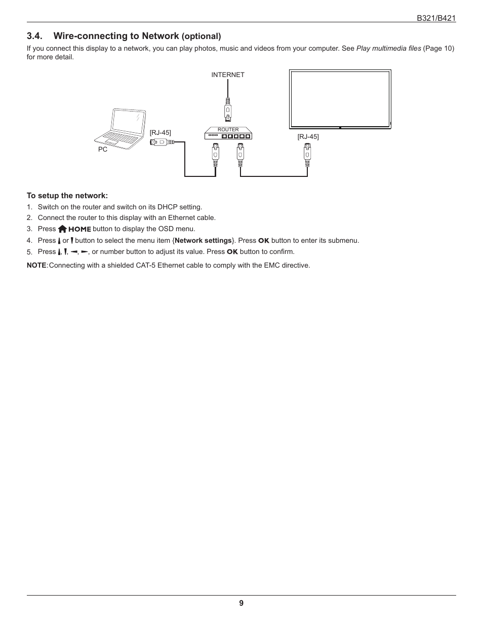 Wire-connecting to network (optional), Wire-connecting to network, Optional) 9 | HP B321 31.5-inch LED Digital Signage Display User Manual | Page 17 / 29