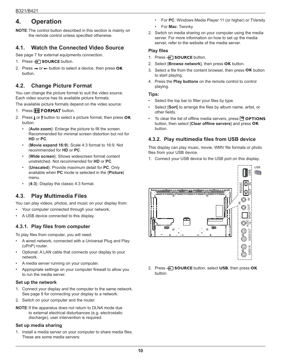 Operation, Watch the connected video source, Change picture format | Play multimedia files, Play files from computer, Play multimedia files from usb device, Device | HP B321 31.5-inch LED Digital Signage Display User Manual | Page 18 / 29