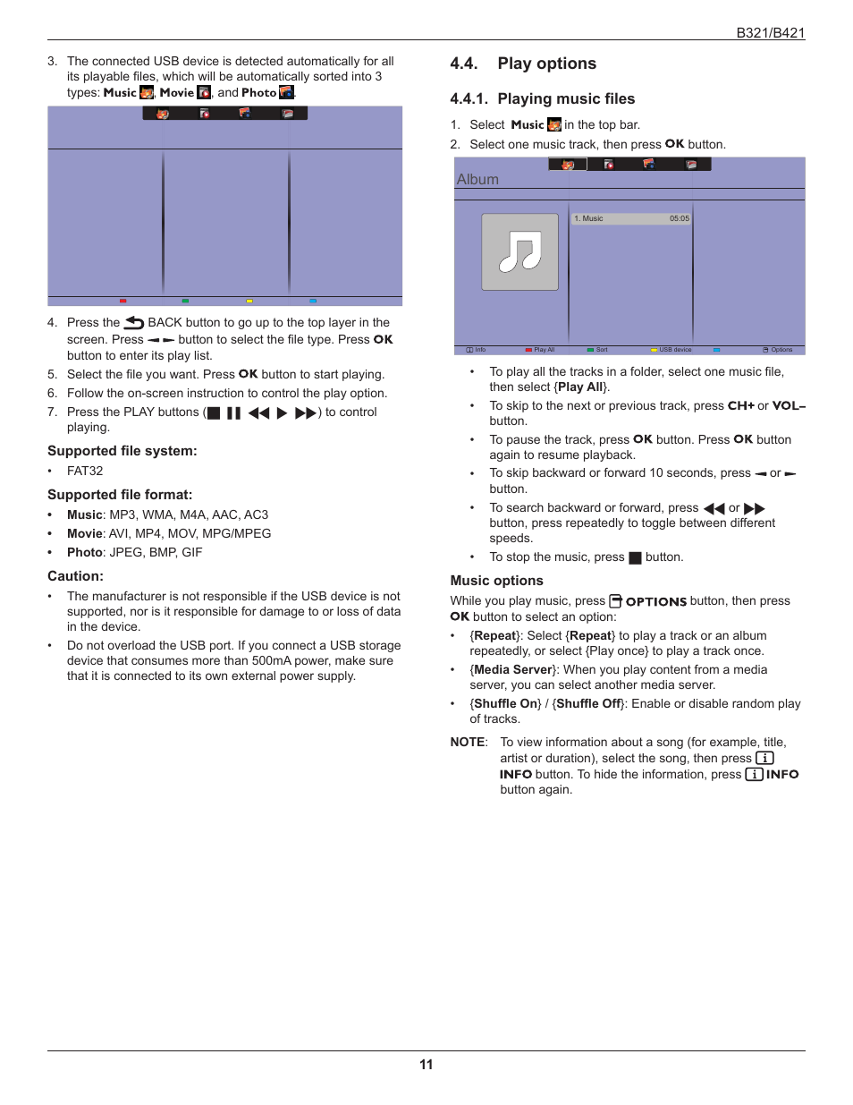 Play options, Playing music files | HP B321 31.5-inch LED Digital Signage Display User Manual | Page 19 / 29