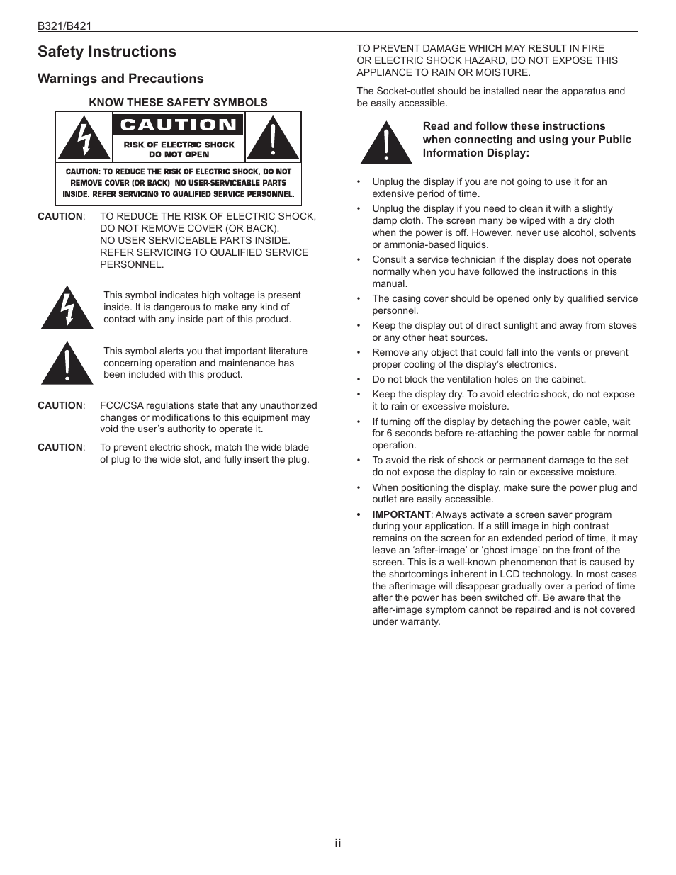Safety instructions, Warnings and precautions | HP B321 31.5-inch LED Digital Signage Display User Manual | Page 2 / 29