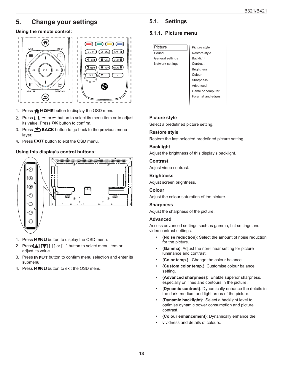 Change your settings, Settings, Picture menu | HP B321 31.5-inch LED Digital Signage Display User Manual | Page 21 / 29