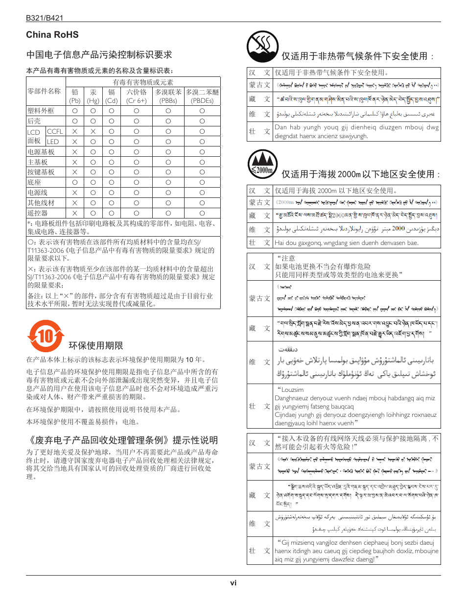 China rohs 中国电子信息产品污染控制标识要求, 环保使用期限, 废弃电子产品回收处理管理条例》提示性说明 | 仅适用于非热带气候条件下安全使用 | HP B321 31.5-inch LED Digital Signage Display User Manual | Page 6 / 29