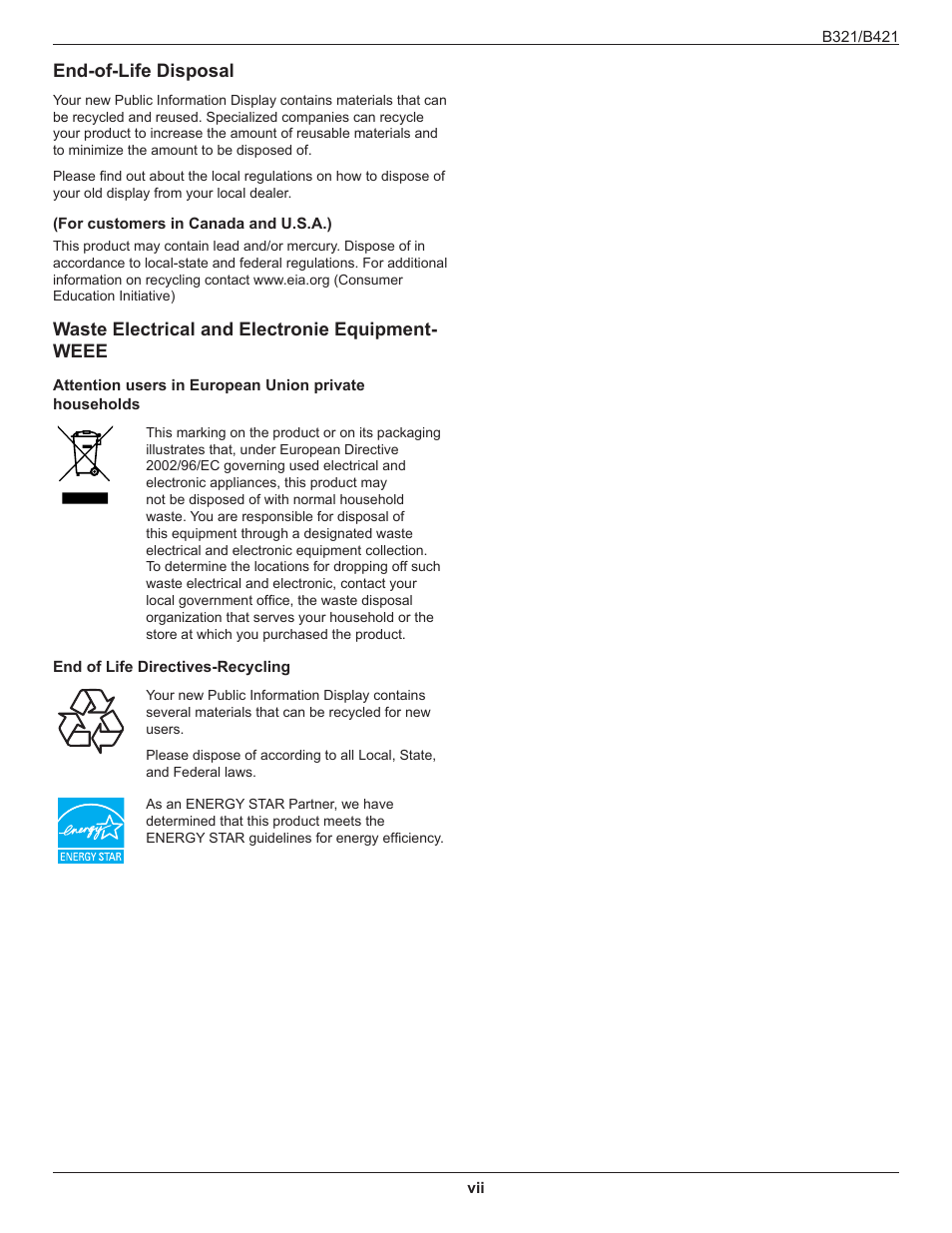 End-of-life disposal, Waste electrical and electronie equipment- weee | HP B321 31.5-inch LED Digital Signage Display User Manual | Page 7 / 29
