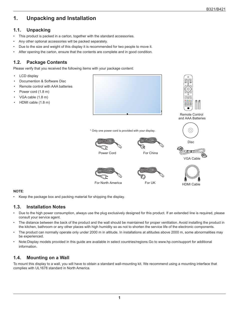 Unpacking and installation, Unpacking, Package contents | Installation notes, Mounting on a wall | HP B321 31.5-inch LED Digital Signage Display User Manual | Page 9 / 29