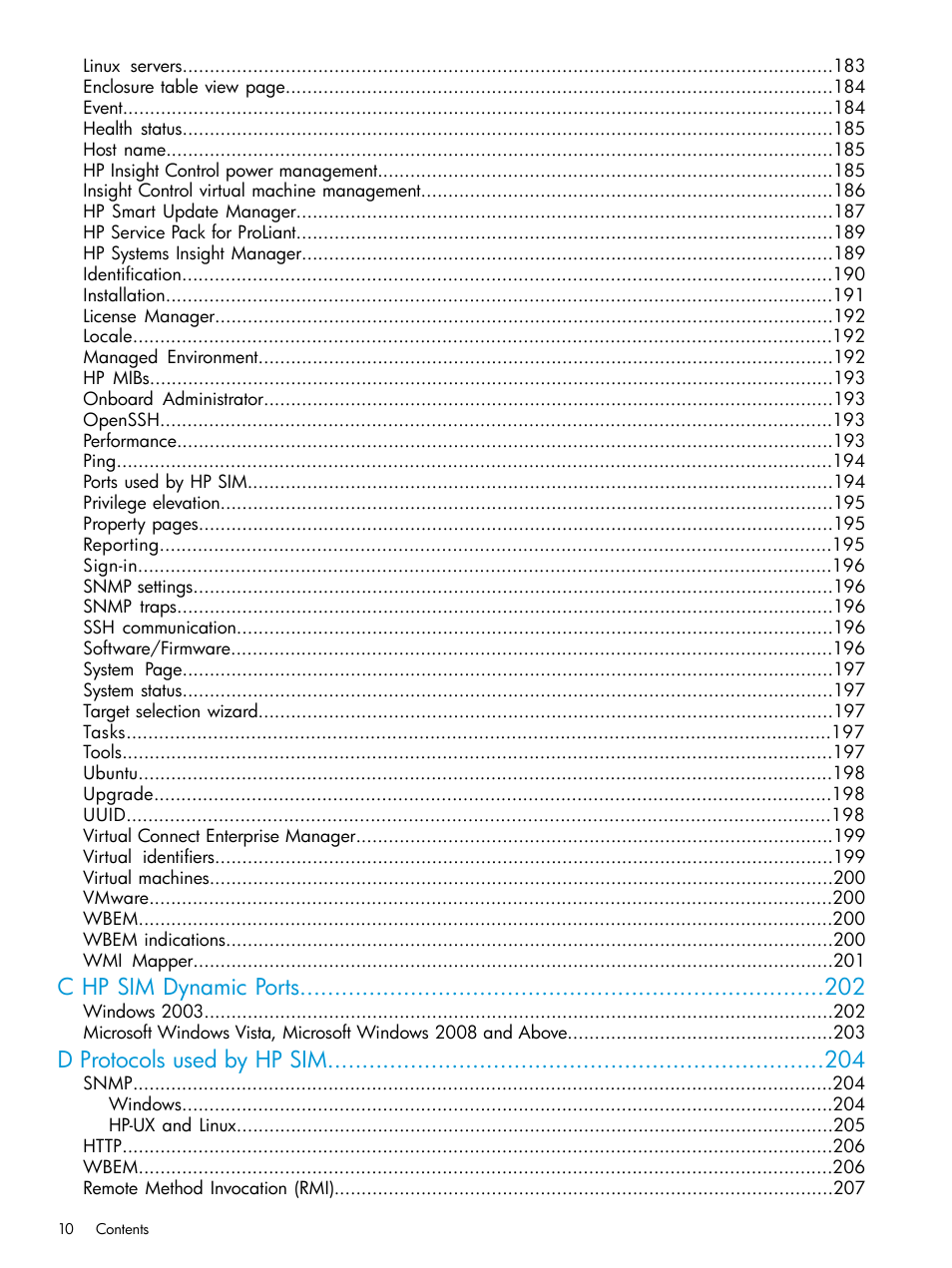 C hp sim dynamic ports, D protocols used by hp sim | HP Systems Insight Manager User Manual | Page 10 / 256
