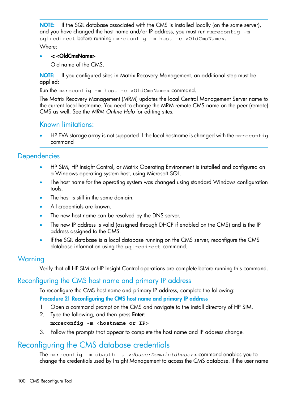 Dependencies, Warning, Reconfiguring the cms database credentials | Dependencies warning, Known limitations | HP Systems Insight Manager User Manual | Page 100 / 256