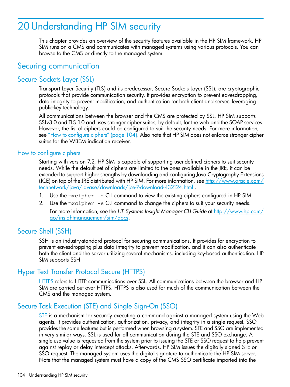 20 understanding hp sim security, Securing communication, Secure sockets layer (ssl) | How to configure ciphers, Secure shell (ssh), Hyper text transfer protocol secure (https) | HP Systems Insight Manager User Manual | Page 104 / 256