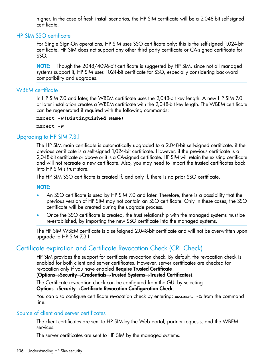 Hp sim sso certificate, Wbem certificate, Upgrading to hp sim 7.3.1 | Source of client and server certificates | HP Systems Insight Manager User Manual | Page 106 / 256