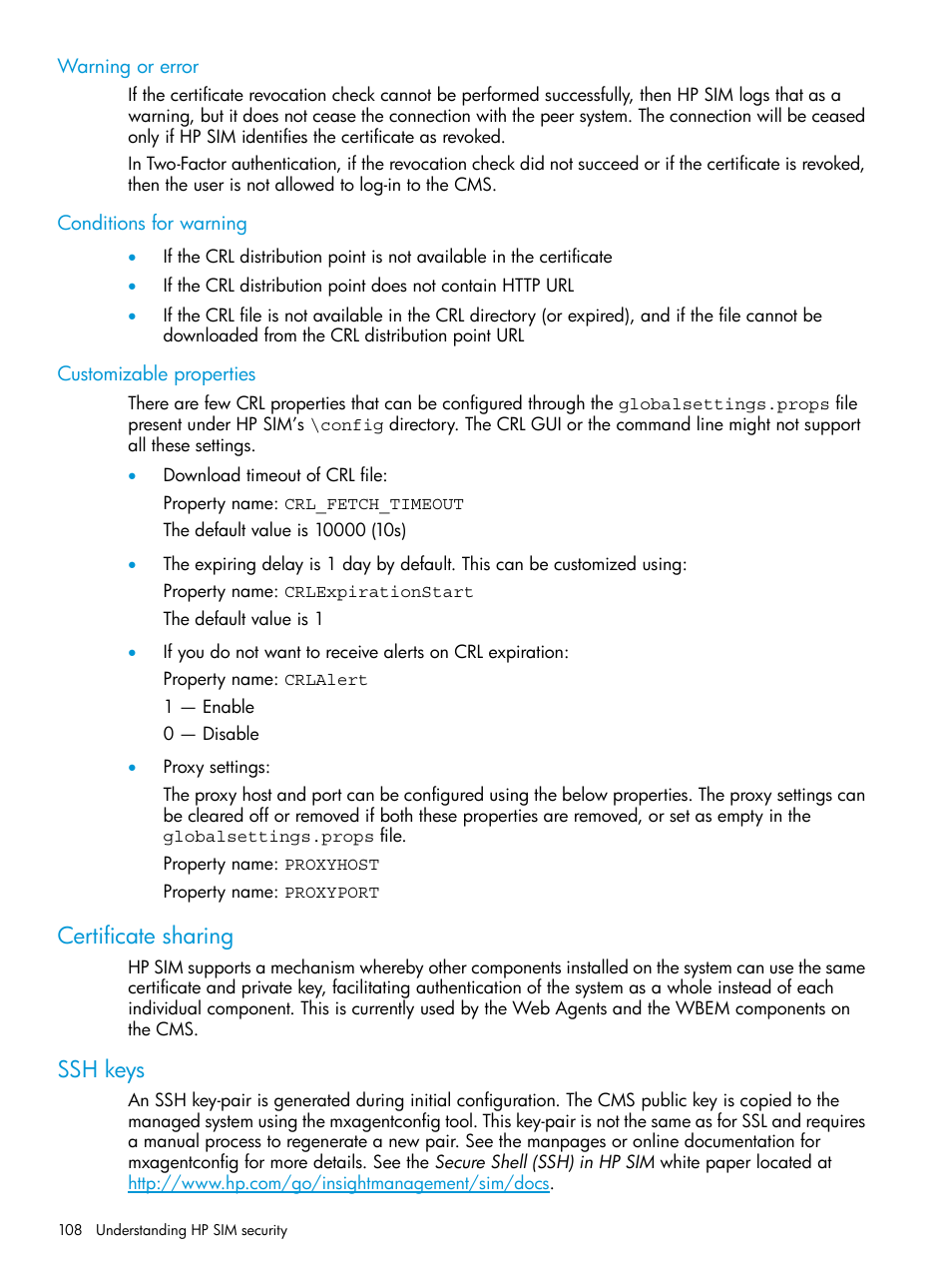 Warning or error, Conditions for warning, Customizable properties | Certificate sharing, Ssh keys, Certificate sharing ssh keys | HP Systems Insight Manager User Manual | Page 108 / 256