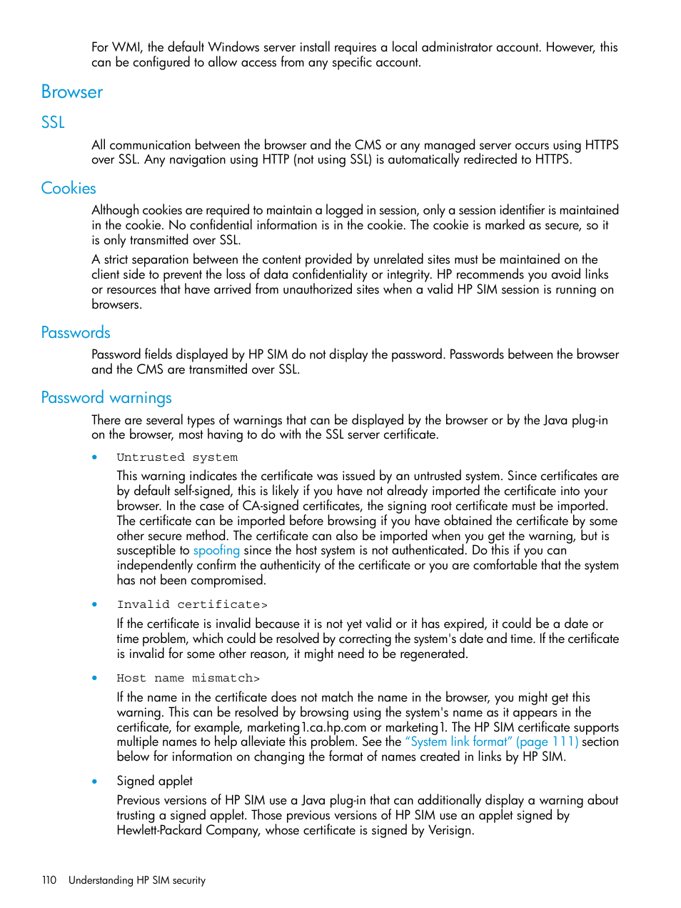 Browser, Cookies, Passwords | Password warnings, Ssl cookies passwords password warnings | HP Systems Insight Manager User Manual | Page 110 / 256