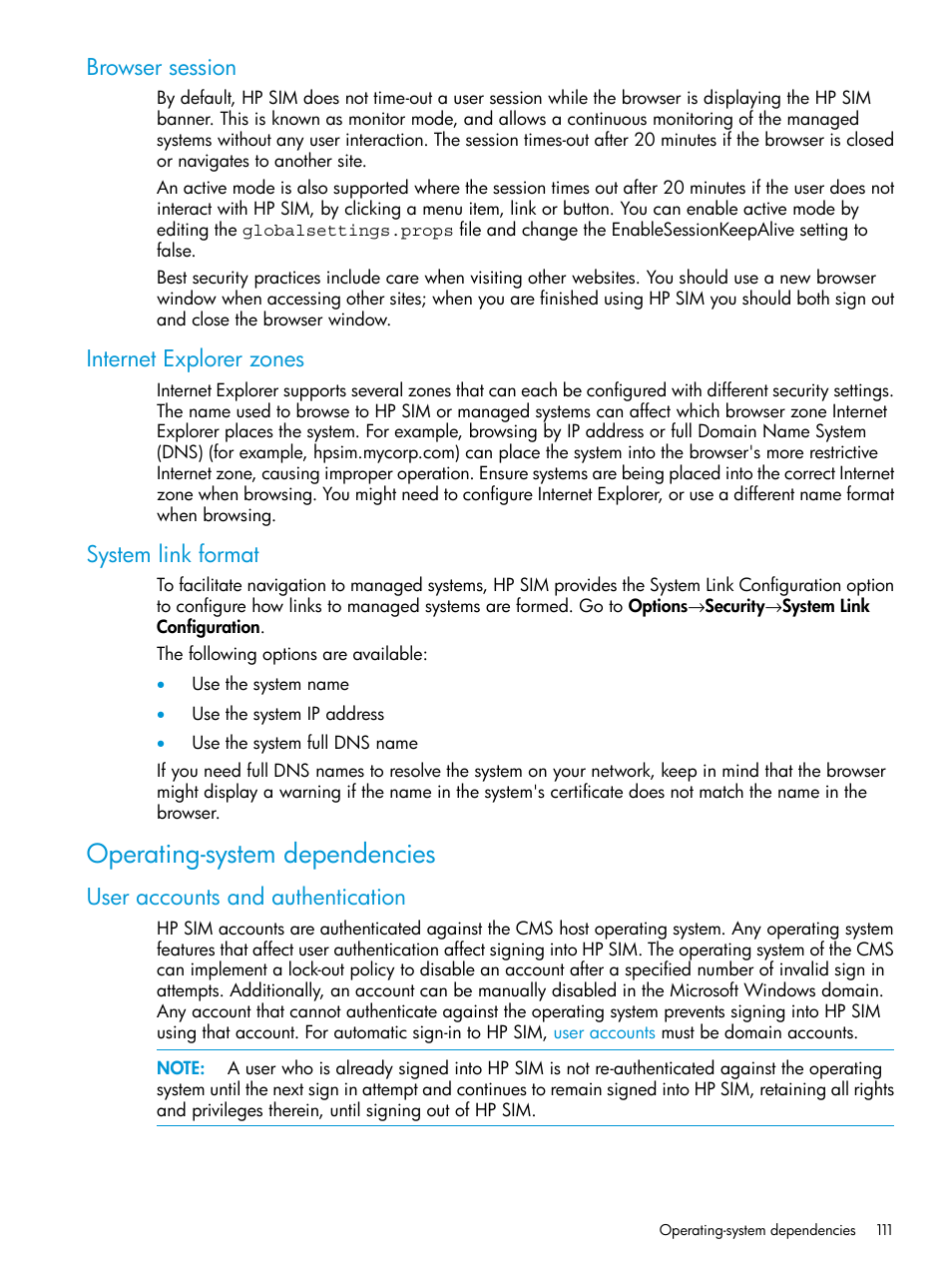 Browser session, Internet explorer zones, System link format | Operating-system dependencies, User accounts and authentication | HP Systems Insight Manager User Manual | Page 111 / 256