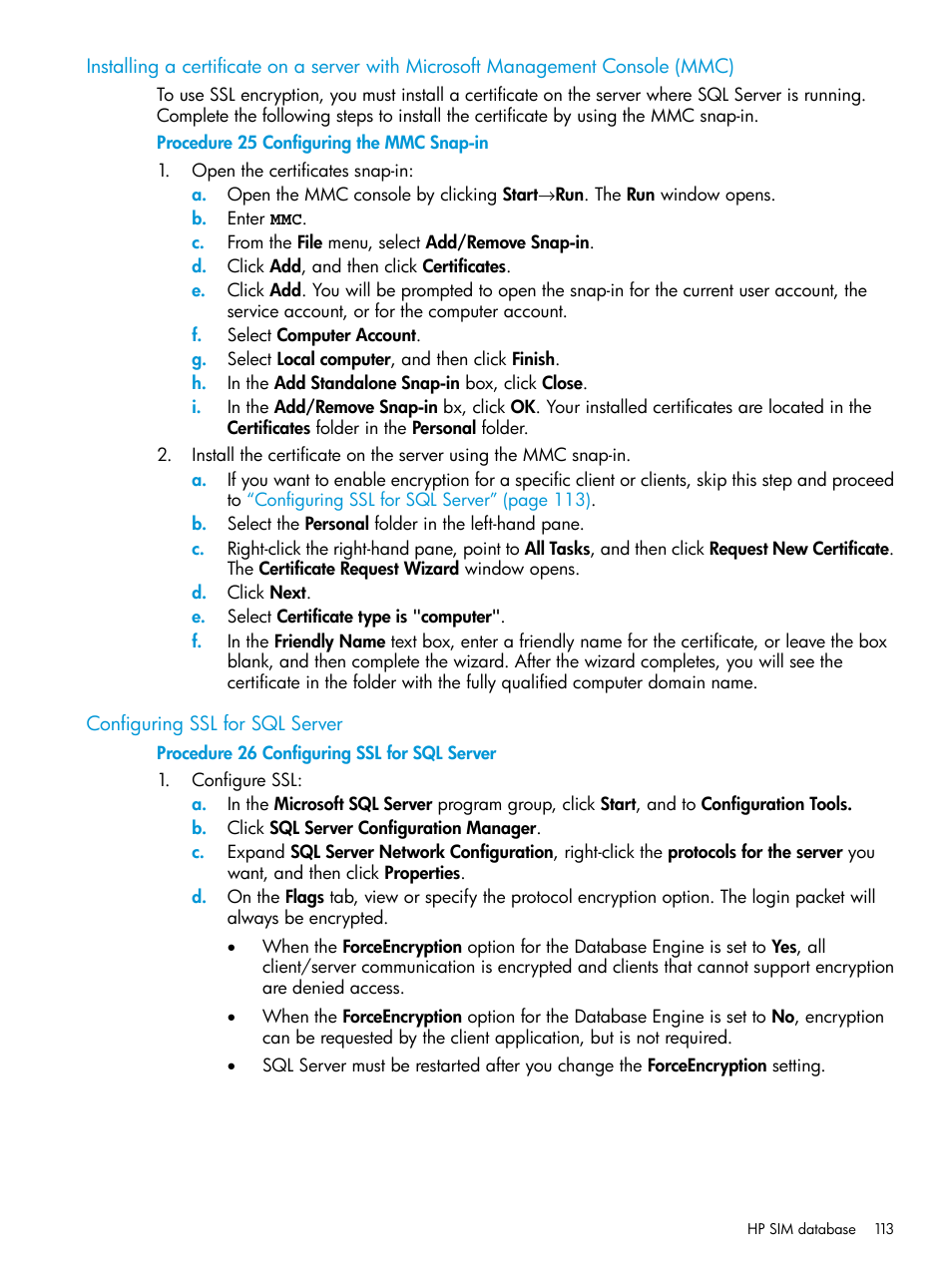Configuring ssl for sql server | HP Systems Insight Manager User Manual | Page 113 / 256