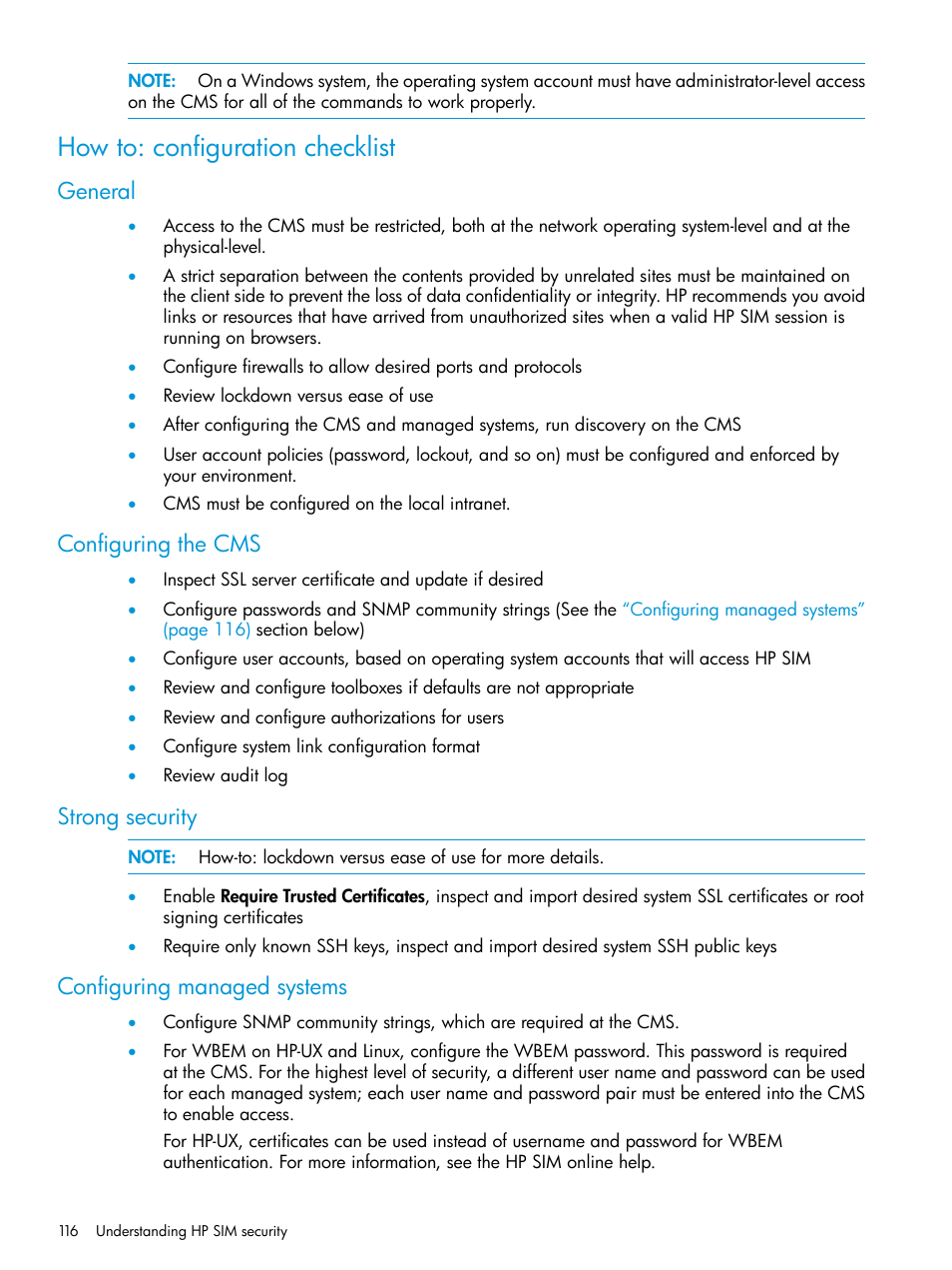 How to: configuration checklist, General, Configuring the cms | Strong security, Configuring managed systems | HP Systems Insight Manager User Manual | Page 116 / 256