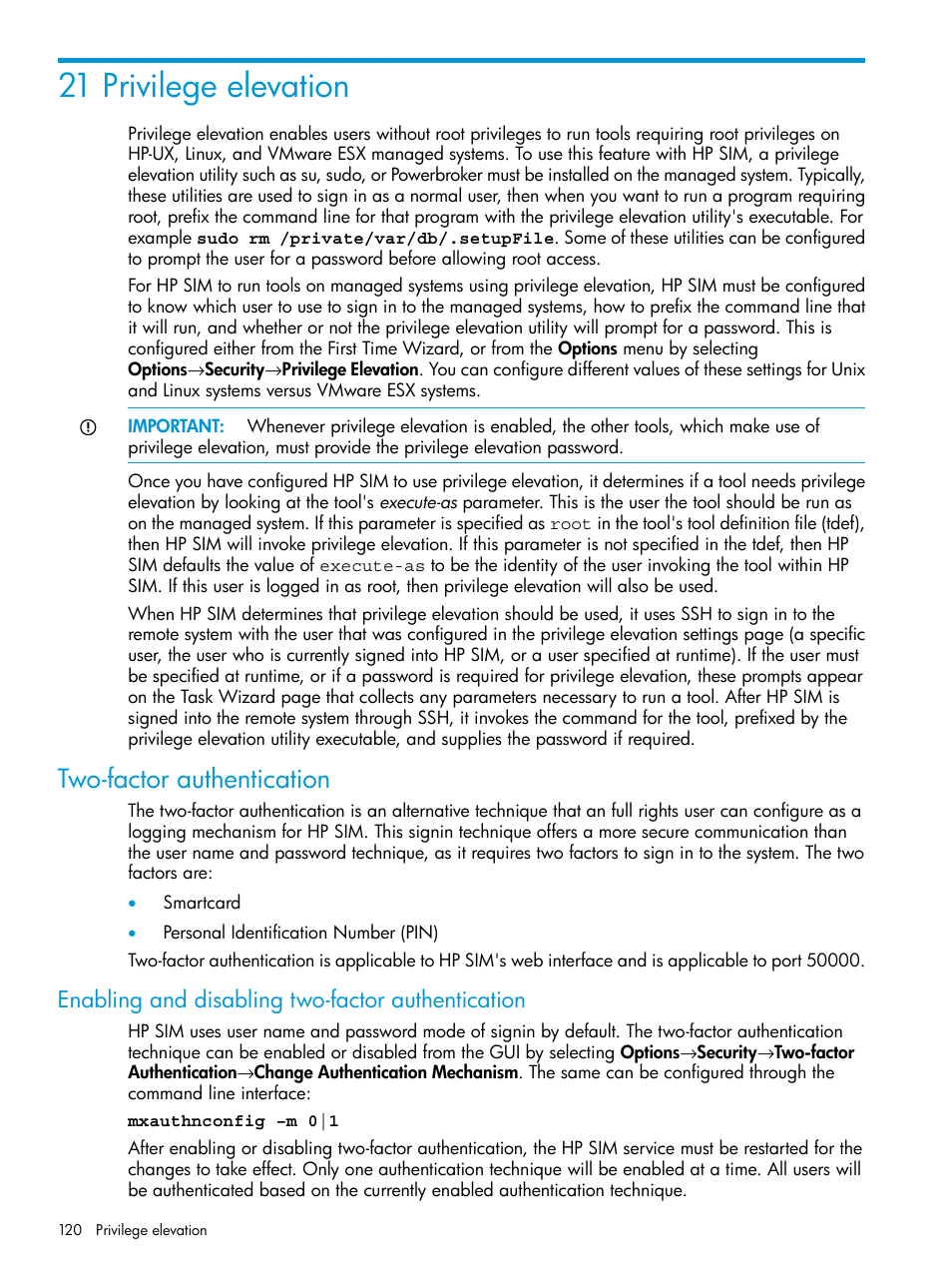 21 privilege elevation, Two-factor authentication, Enabling and disabling two-factor authentication | HP Systems Insight Manager User Manual | Page 120 / 256