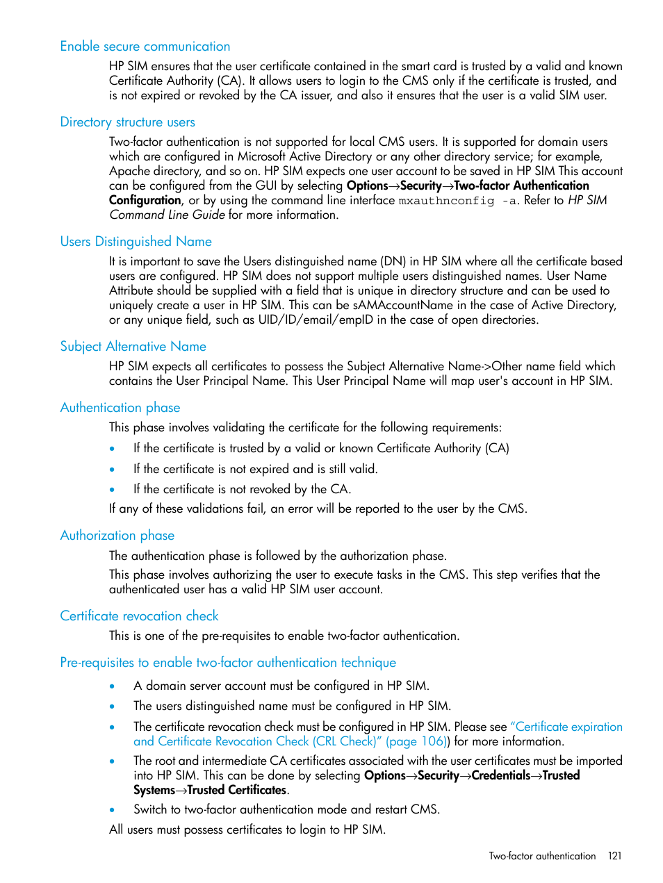 Enable secure communication, Directory structure users, Users distinguished name | Subject alternative name, Authentication phase, Authorization phase, Certificate revocation check | HP Systems Insight Manager User Manual | Page 121 / 256