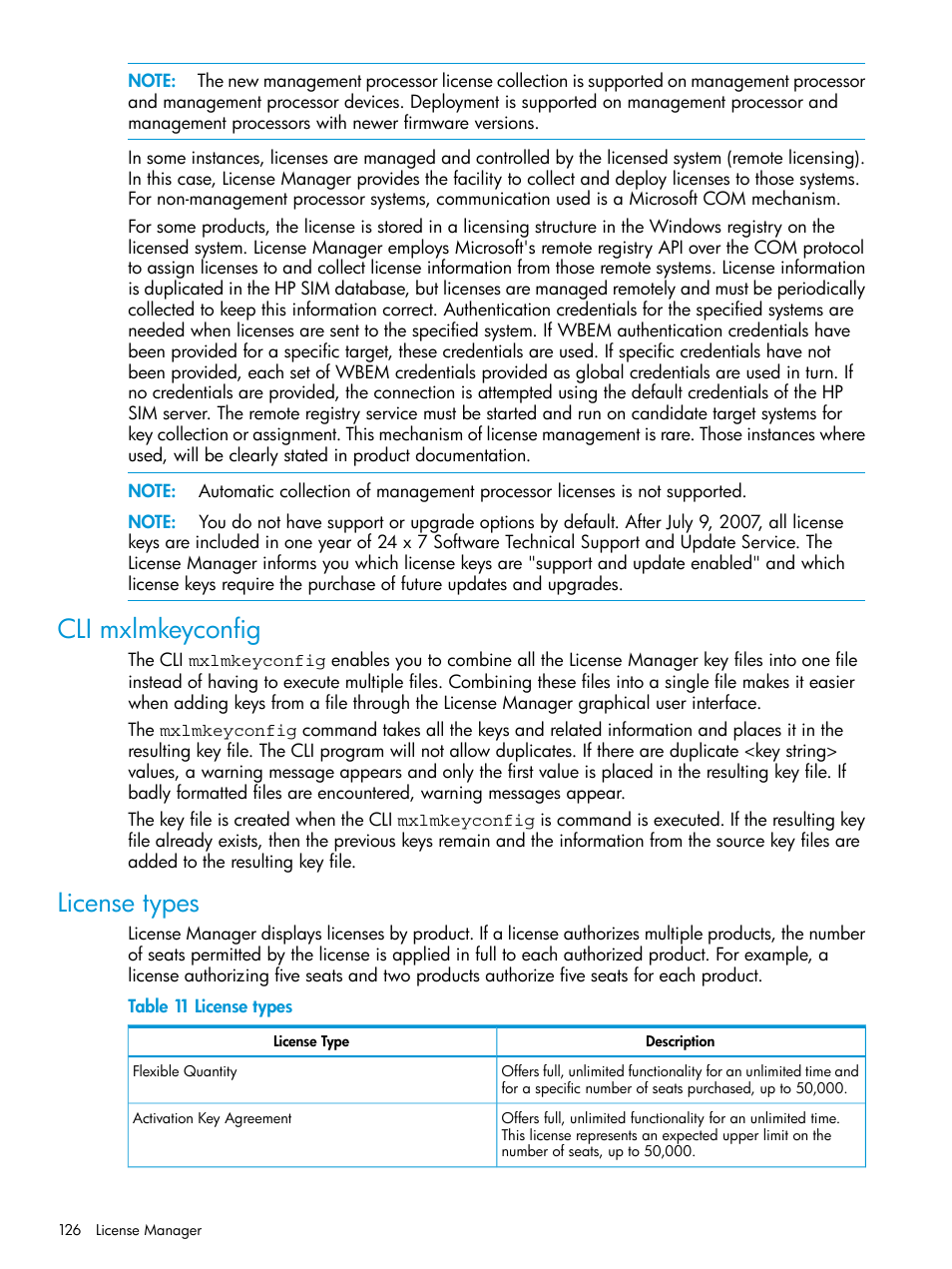 Cli mxlmkeyconfig, License types, Cli mxlmkeyconfig license types | HP Systems Insight Manager User Manual | Page 126 / 256