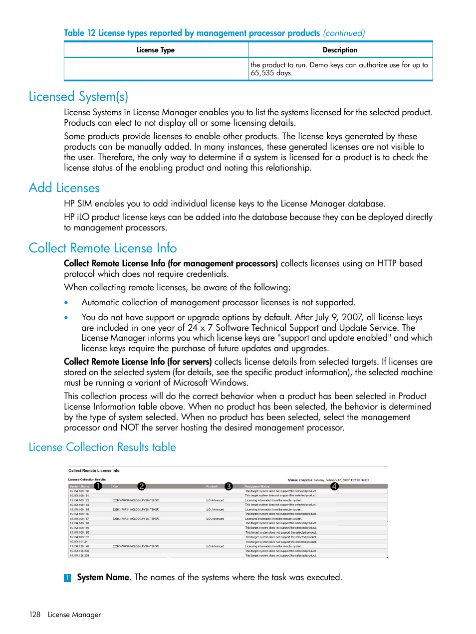 Licensed system(s), Add licenses, Collect remote license info | License collection results table | HP Systems Insight Manager User Manual | Page 128 / 256