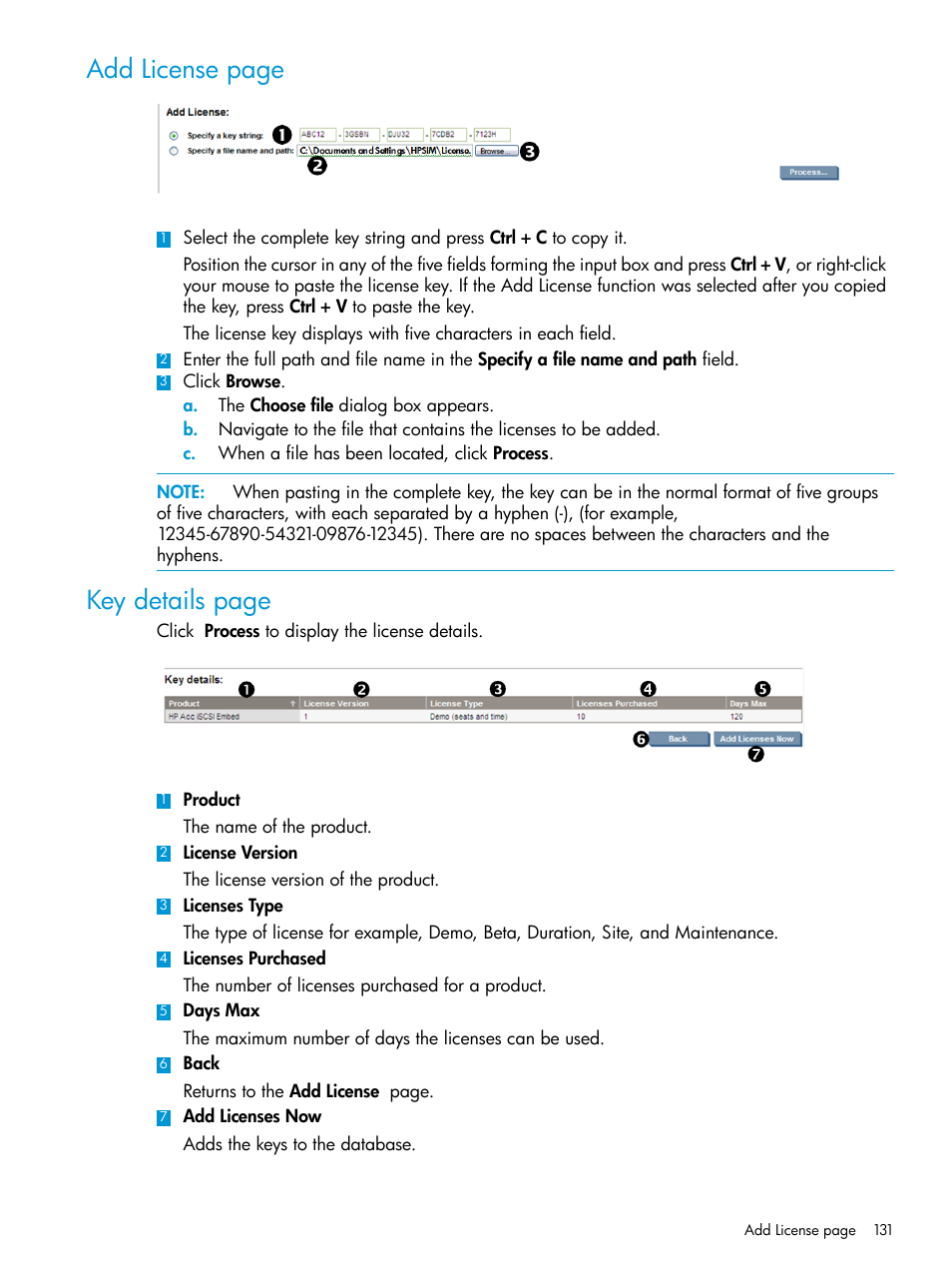 Add license page, Key details page | HP Systems Insight Manager User Manual | Page 131 / 256
