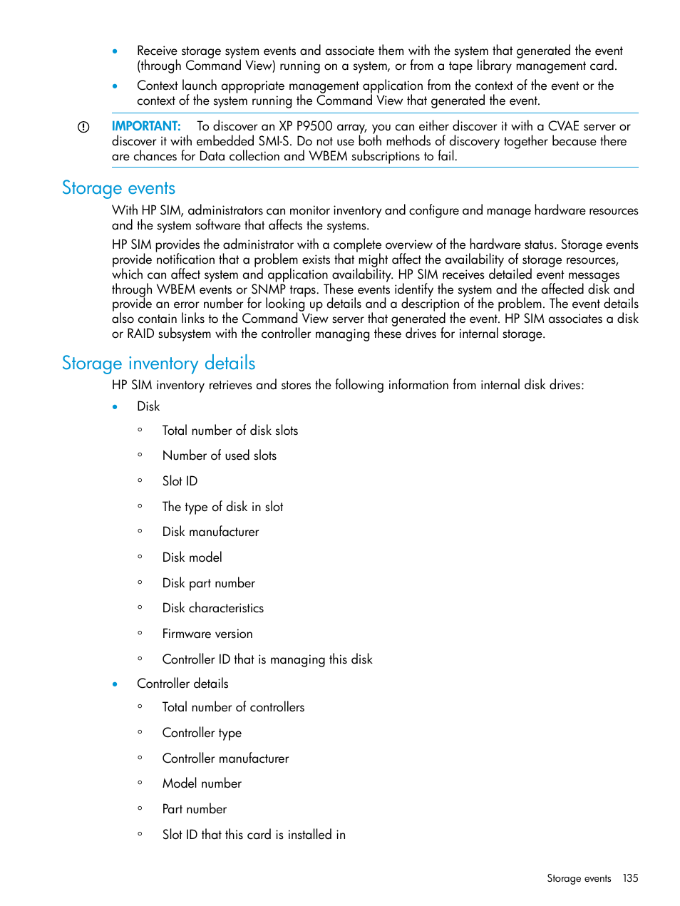 Storage events, Storage inventory details, Storage events storage inventory details | HP Systems Insight Manager User Manual | Page 135 / 256