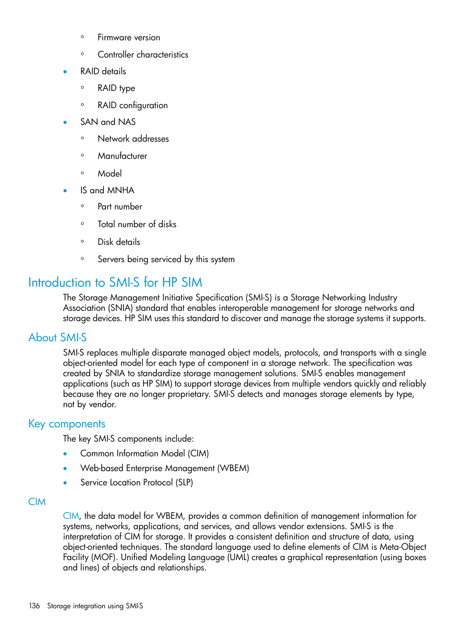 Introduction to smi-s for hp sim, About smi-s, Key components | About smi-s key components | HP Systems Insight Manager User Manual | Page 136 / 256