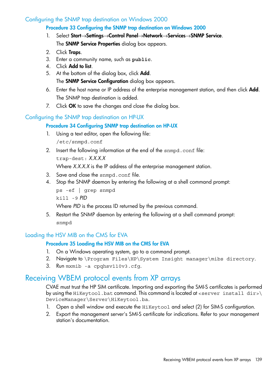 Configuring the snmp trap destination on hp-ux, Loading the hsv mib on the cms for eva, Receiving wbem protocol events from xp arrays | HP Systems Insight Manager User Manual | Page 139 / 256