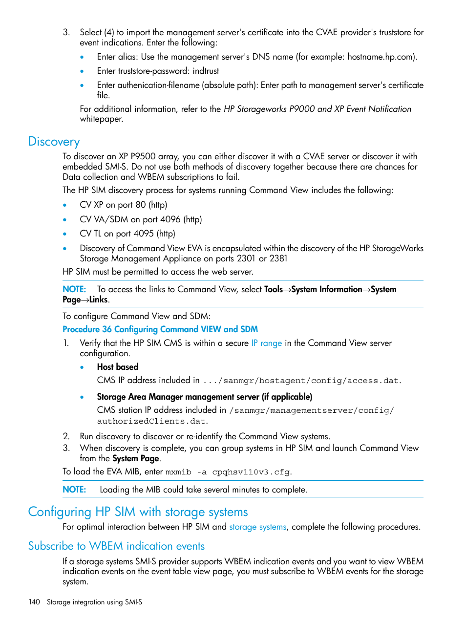 Discovery, Configuring hp sim with storage systems, Subscribe to wbem indication events | Discovery configuring hp sim with storage systems | HP Systems Insight Manager User Manual | Page 140 / 256