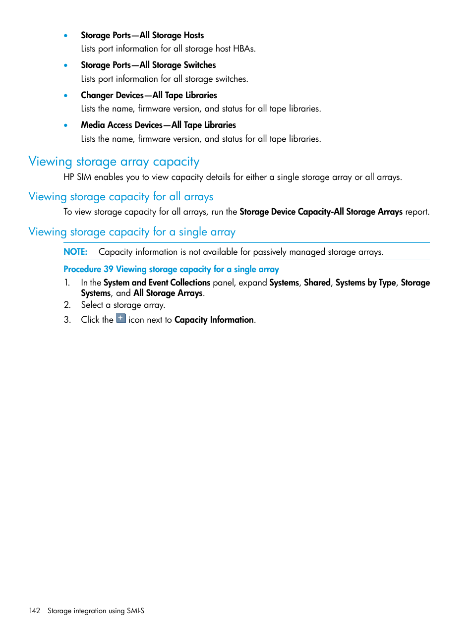 Viewing storage array capacity, Viewing storage capacity for all arrays, Viewing storage capacity for a single array | HP Systems Insight Manager User Manual | Page 142 / 256