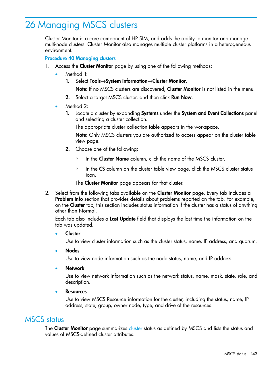 26 managing mscs clusters, Mscs status | HP Systems Insight Manager User Manual | Page 143 / 256