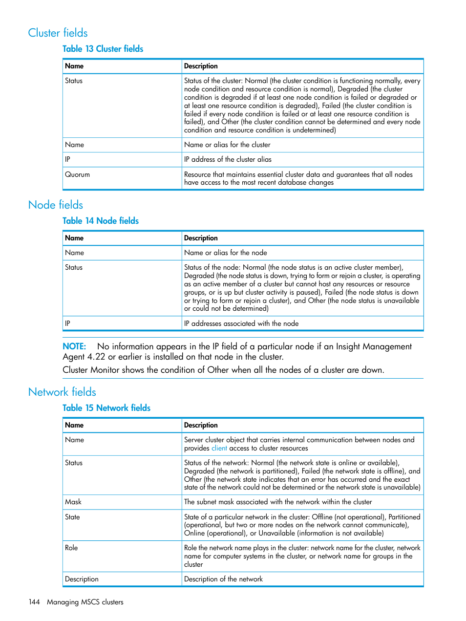 Cluster fields, Node fields, Network fields | Cluster fields node fields network fields | HP Systems Insight Manager User Manual | Page 144 / 256