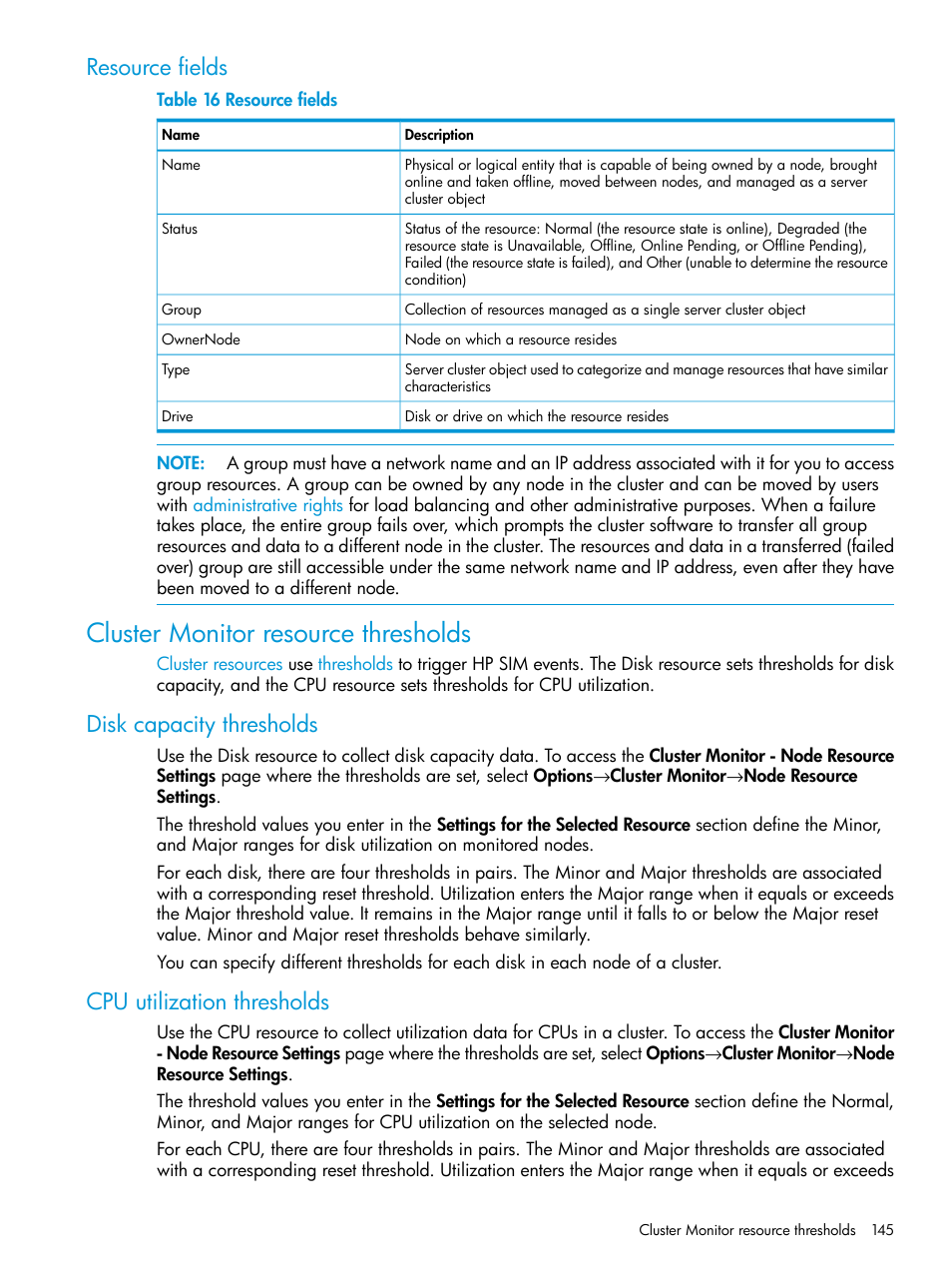 Resource fields, Cluster monitor resource thresholds, Disk capacity thresholds | Cpu utilization thresholds | HP Systems Insight Manager User Manual | Page 145 / 256