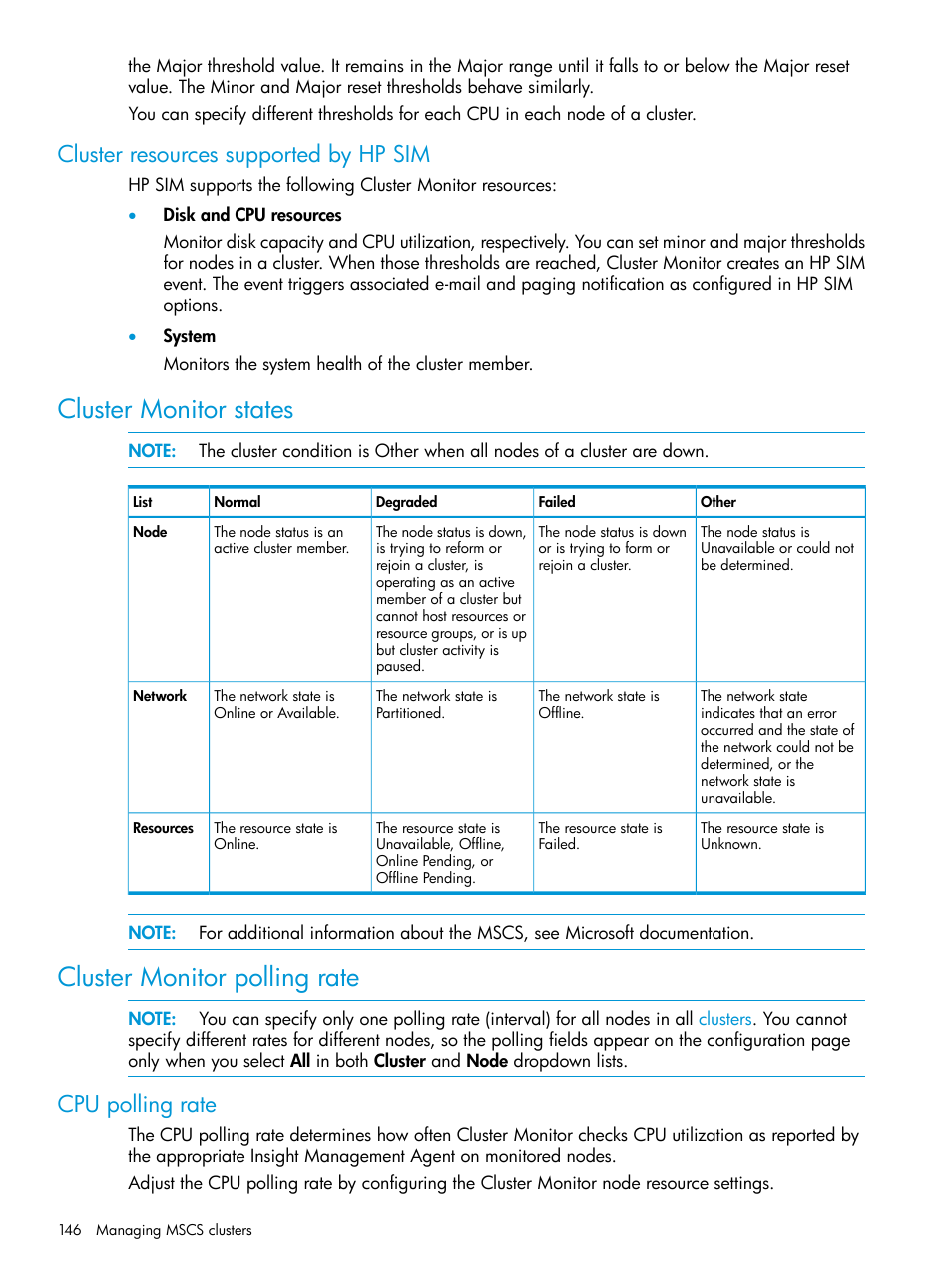 Cluster resources supported by hp sim, Cluster monitor states, Cluster monitor polling rate | Cpu polling rate | HP Systems Insight Manager User Manual | Page 146 / 256