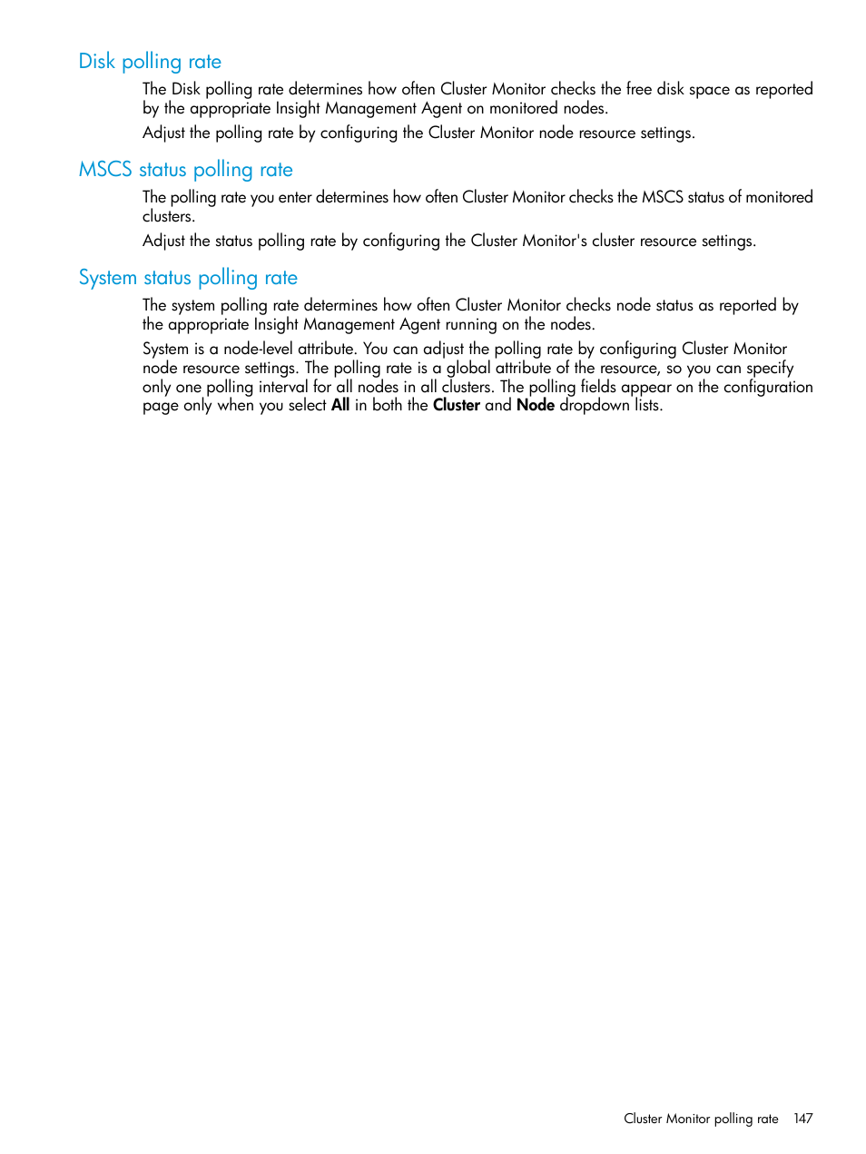 Disk polling rate, Mscs status polling rate, System status polling rate | HP Systems Insight Manager User Manual | Page 147 / 256