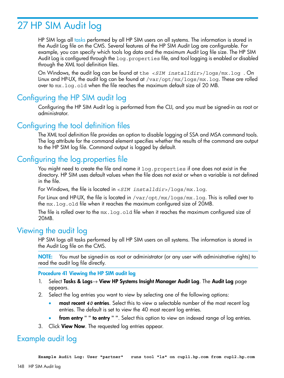 27 hp sim audit log, Configuring the hp sim audit log, Configuring the tool definition files | Configuring the log.properties file, Viewing the audit log, Example audit log | HP Systems Insight Manager User Manual | Page 148 / 256