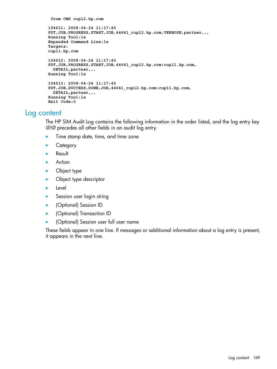 Log content | HP Systems Insight Manager User Manual | Page 149 / 256