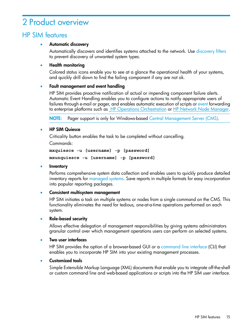 2 product overview, Hp sim features | HP Systems Insight Manager User Manual | Page 15 / 256