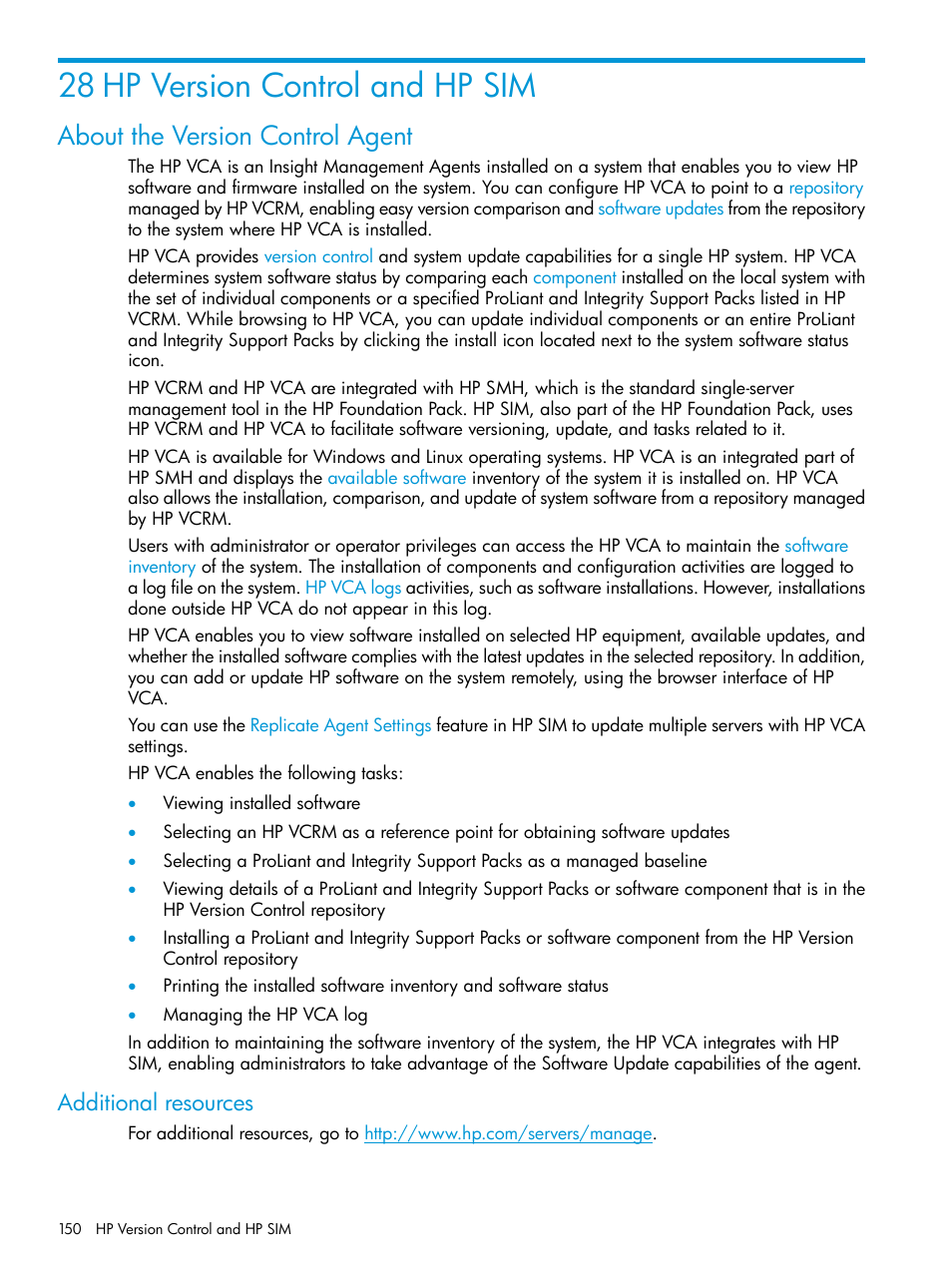 28 hp version control and hp sim, About the version control agent, Additional resources | HP Systems Insight Manager User Manual | Page 150 / 256