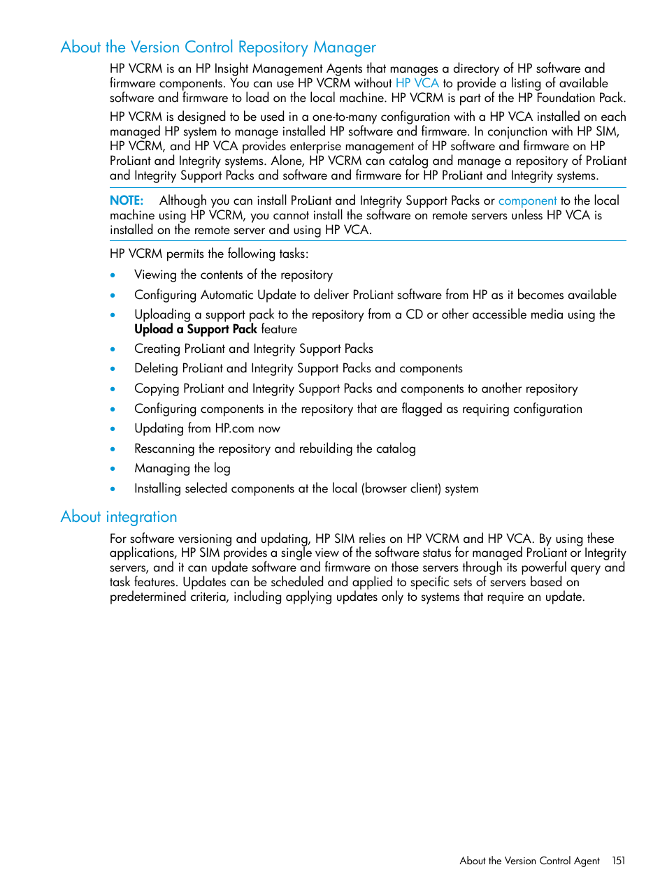 About the version control repository manager, About integration | HP Systems Insight Manager User Manual | Page 151 / 256
