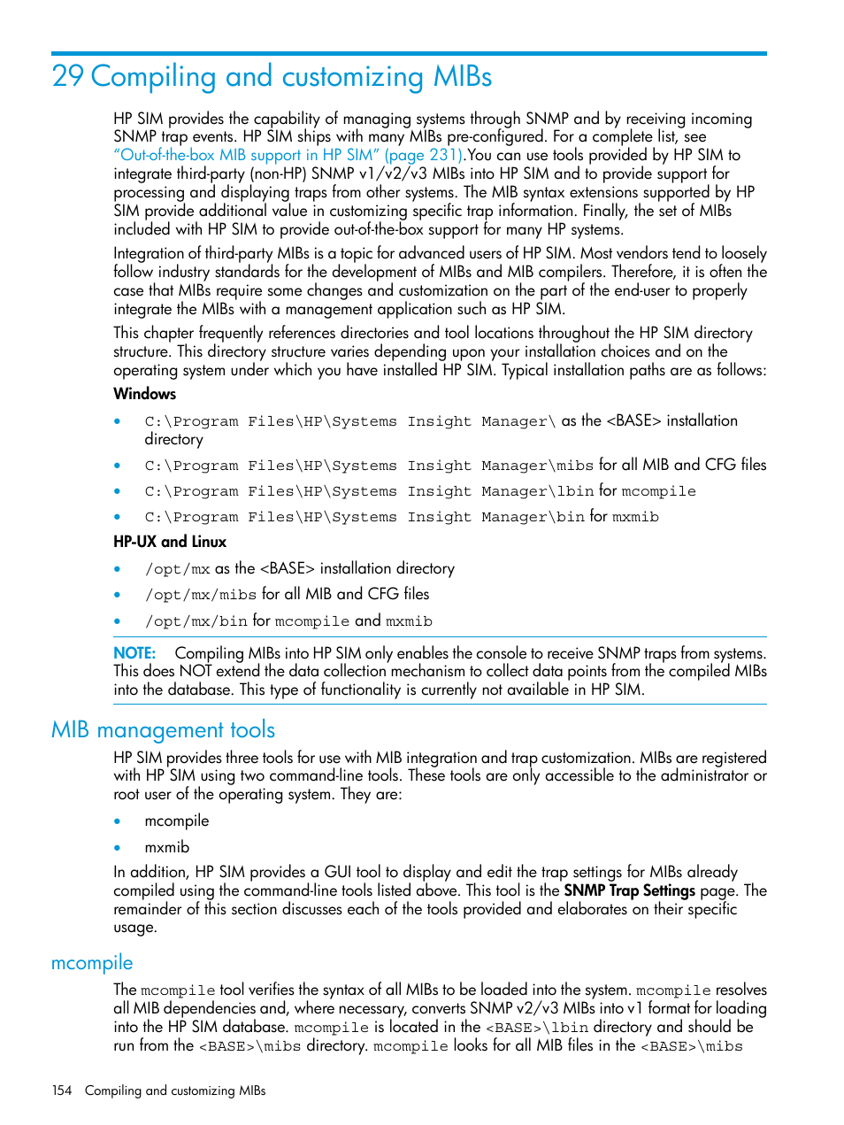 29 compiling and customizing mibs, Mib management tools, Mcompile | HP Systems Insight Manager User Manual | Page 154 / 256