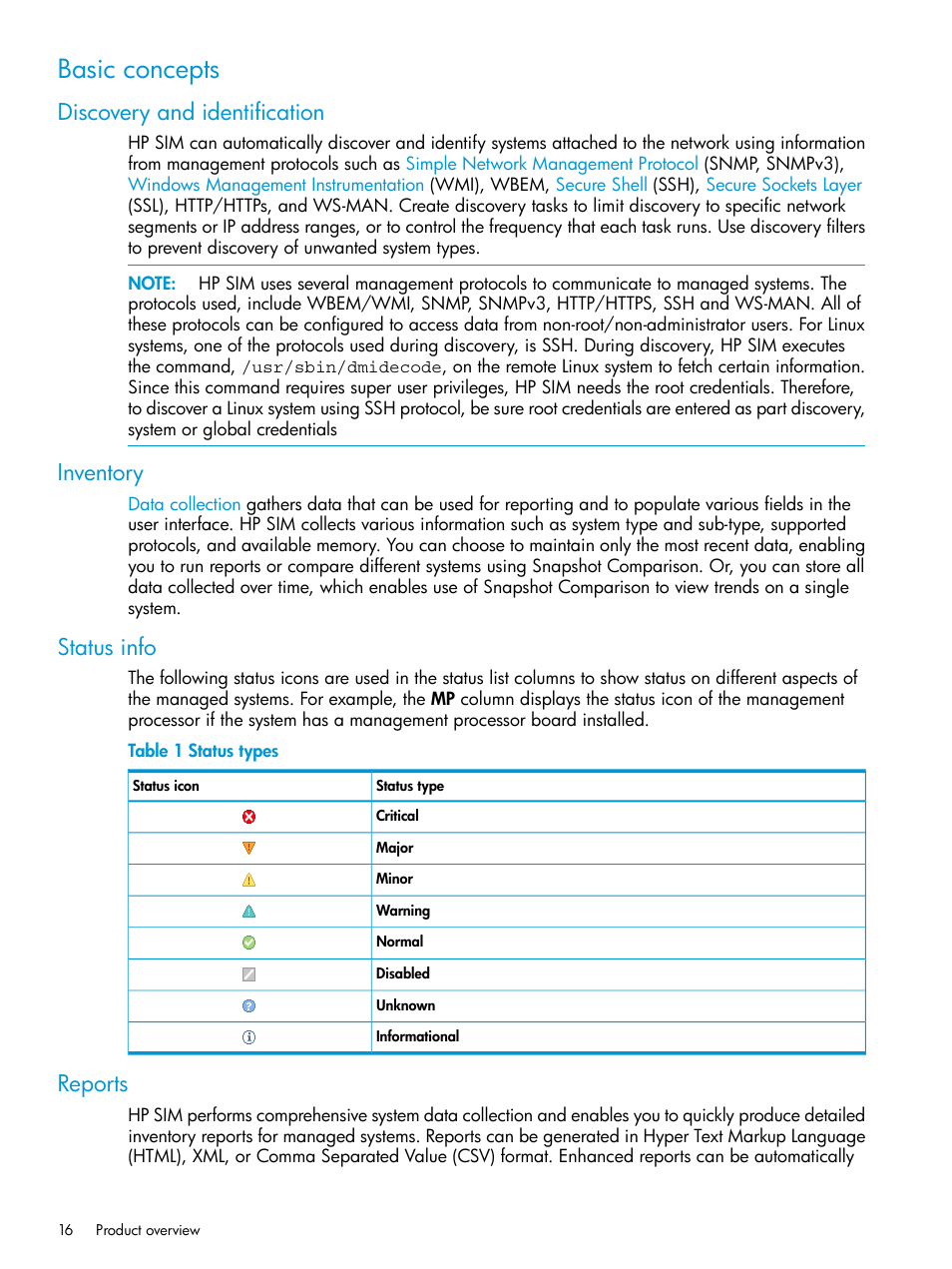 Basic concepts, Discovery and identification, Inventory | Status info, Reports | HP Systems Insight Manager User Manual | Page 16 / 256