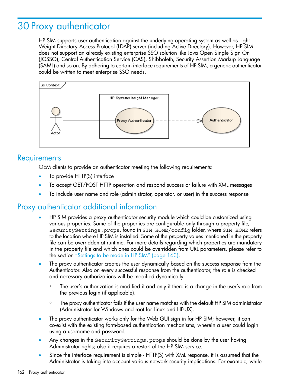 30 proxy authenticator, Requirements, Proxy authenticator additional information | HP Systems Insight Manager User Manual | Page 162 / 256