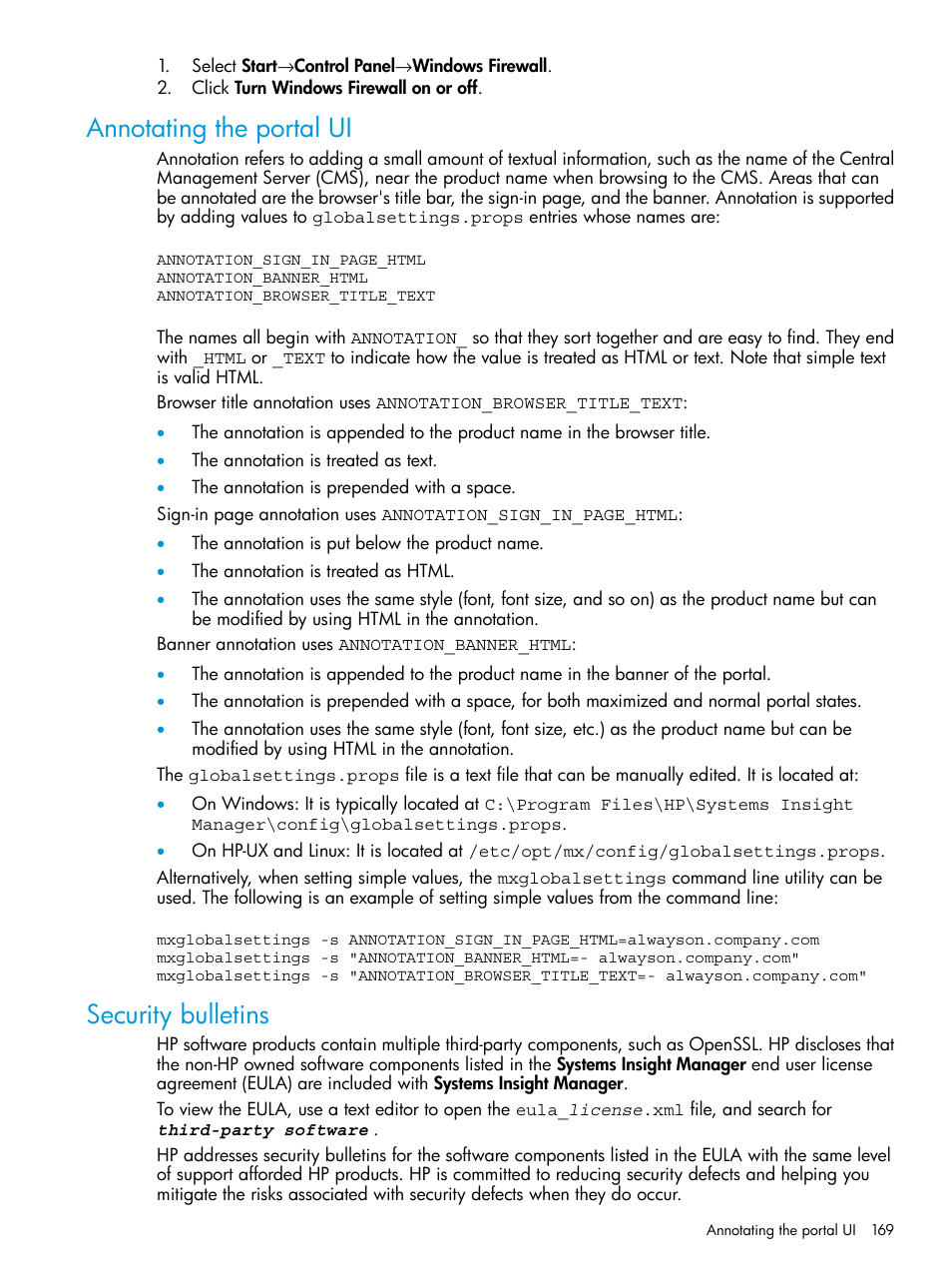 Annotating the portal ui, Security bulletins, Annotating the portal ui security bulletins | HP Systems Insight Manager User Manual | Page 169 / 256