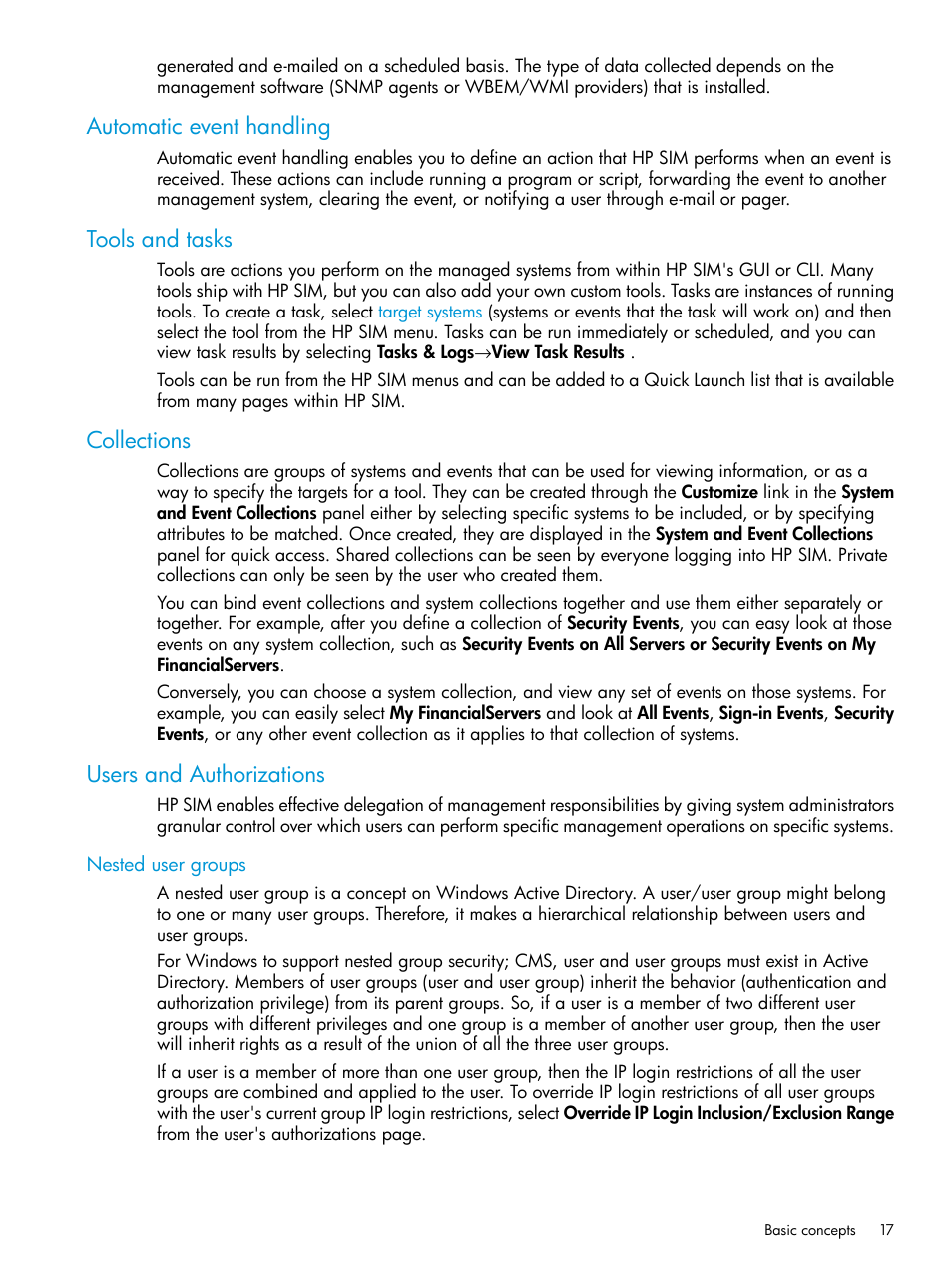 Automatic event handling, Tools and tasks, Collections | Users and authorizations, Nested user groups | HP Systems Insight Manager User Manual | Page 17 / 256