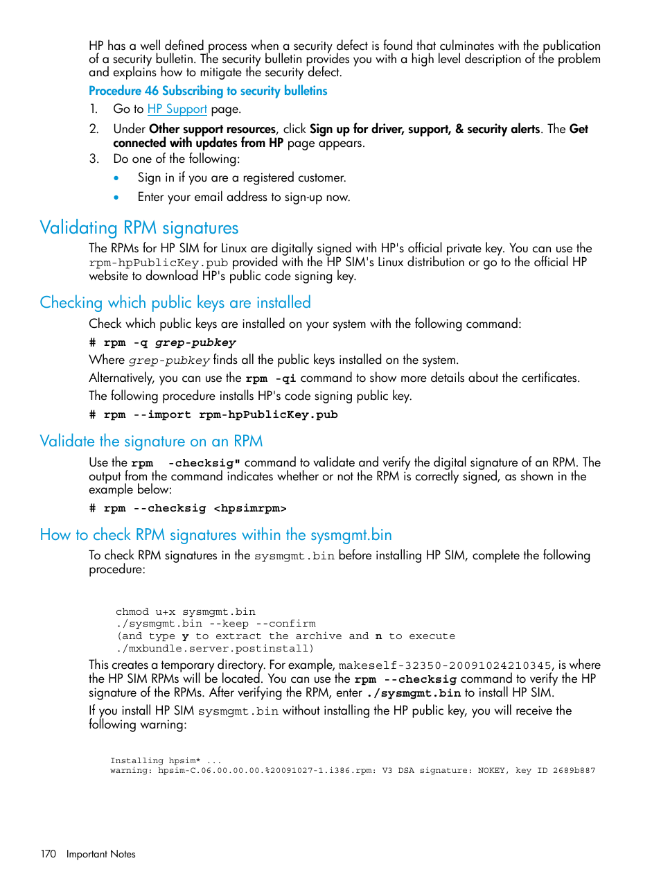 Validating rpm signatures, Checking which public keys are installed, Validate the signature on an rpm | How to check rpm signatures within the sysmgmt.bin | HP Systems Insight Manager User Manual | Page 170 / 256