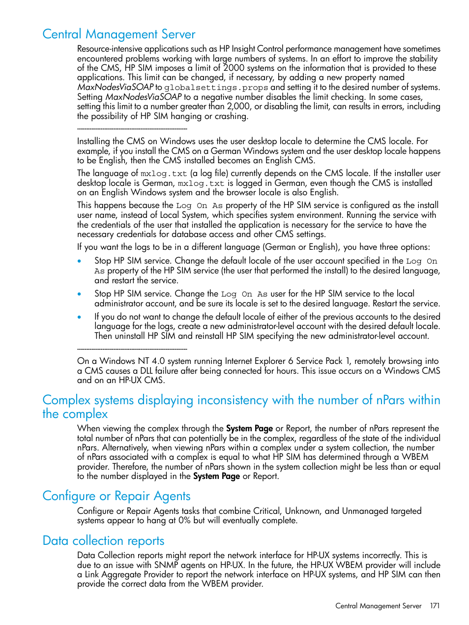 Central management server, Configure or repair agents, Data collection reports | HP Systems Insight Manager User Manual | Page 171 / 256