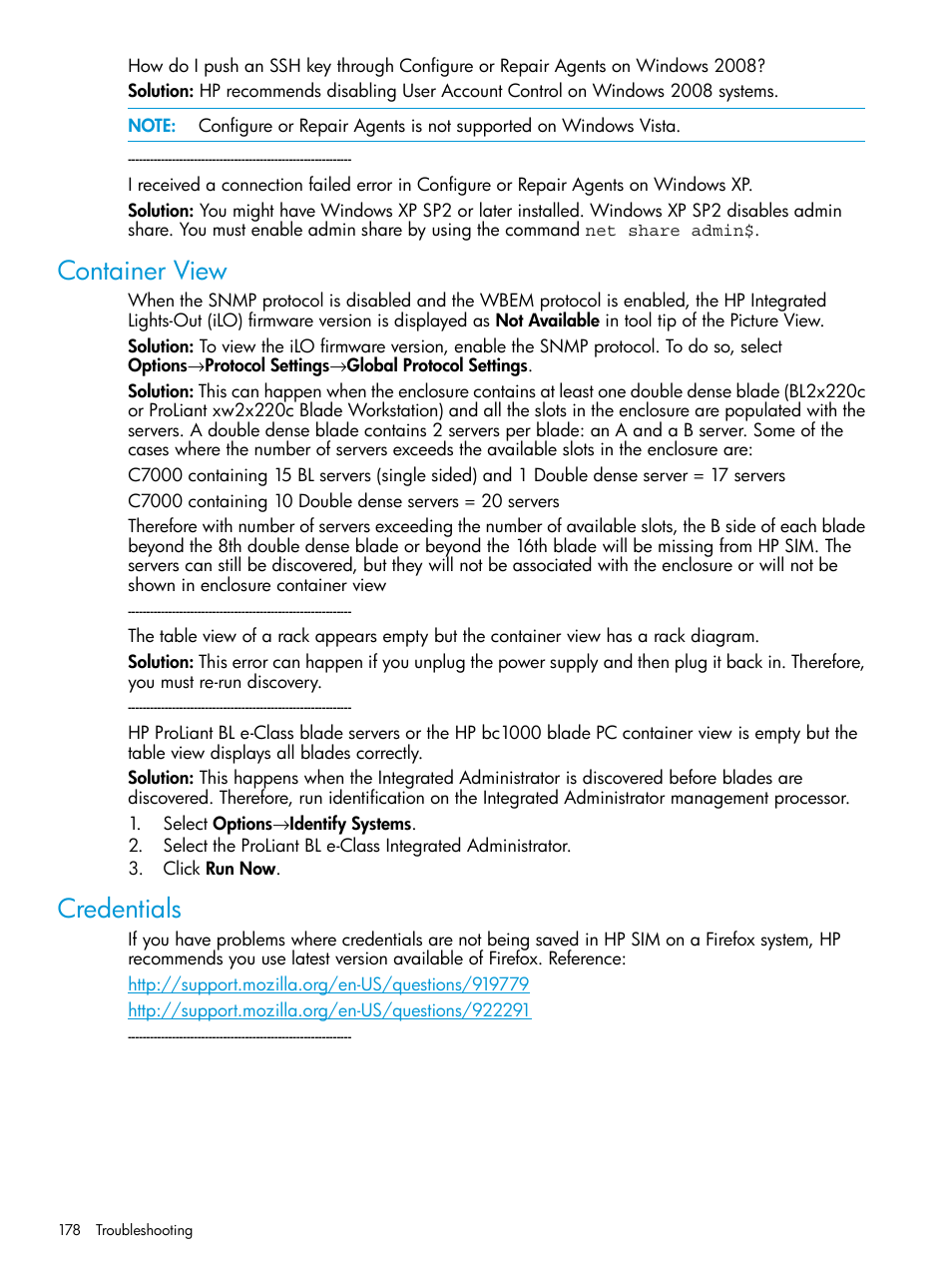 Container view, Credentials, Container view credentials | HP Systems Insight Manager User Manual | Page 178 / 256