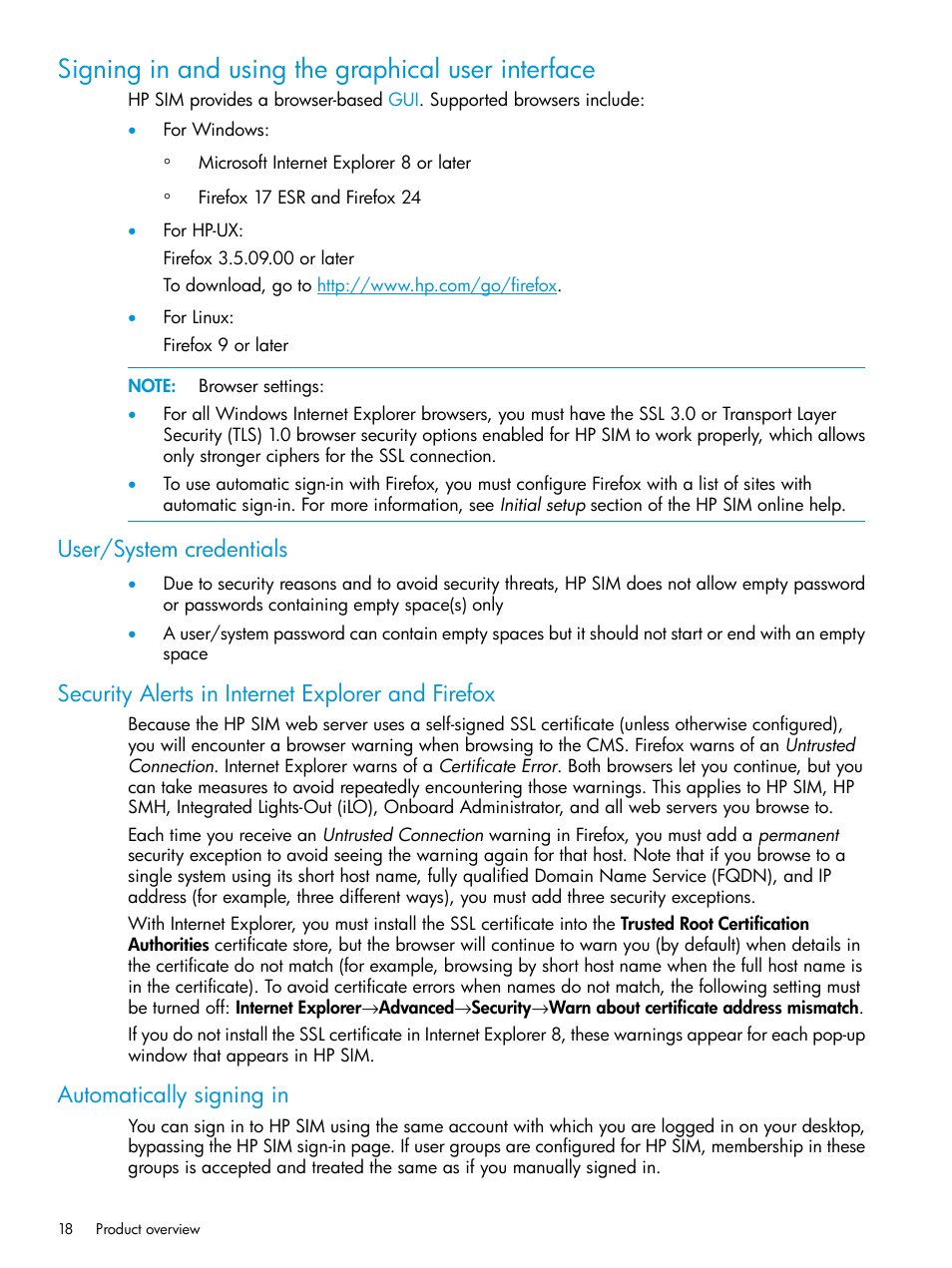 Signing in and using the graphical user interface, User/system credentials, Security alerts in internet explorer and firefox | Automatically signing in | HP Systems Insight Manager User Manual | Page 18 / 256