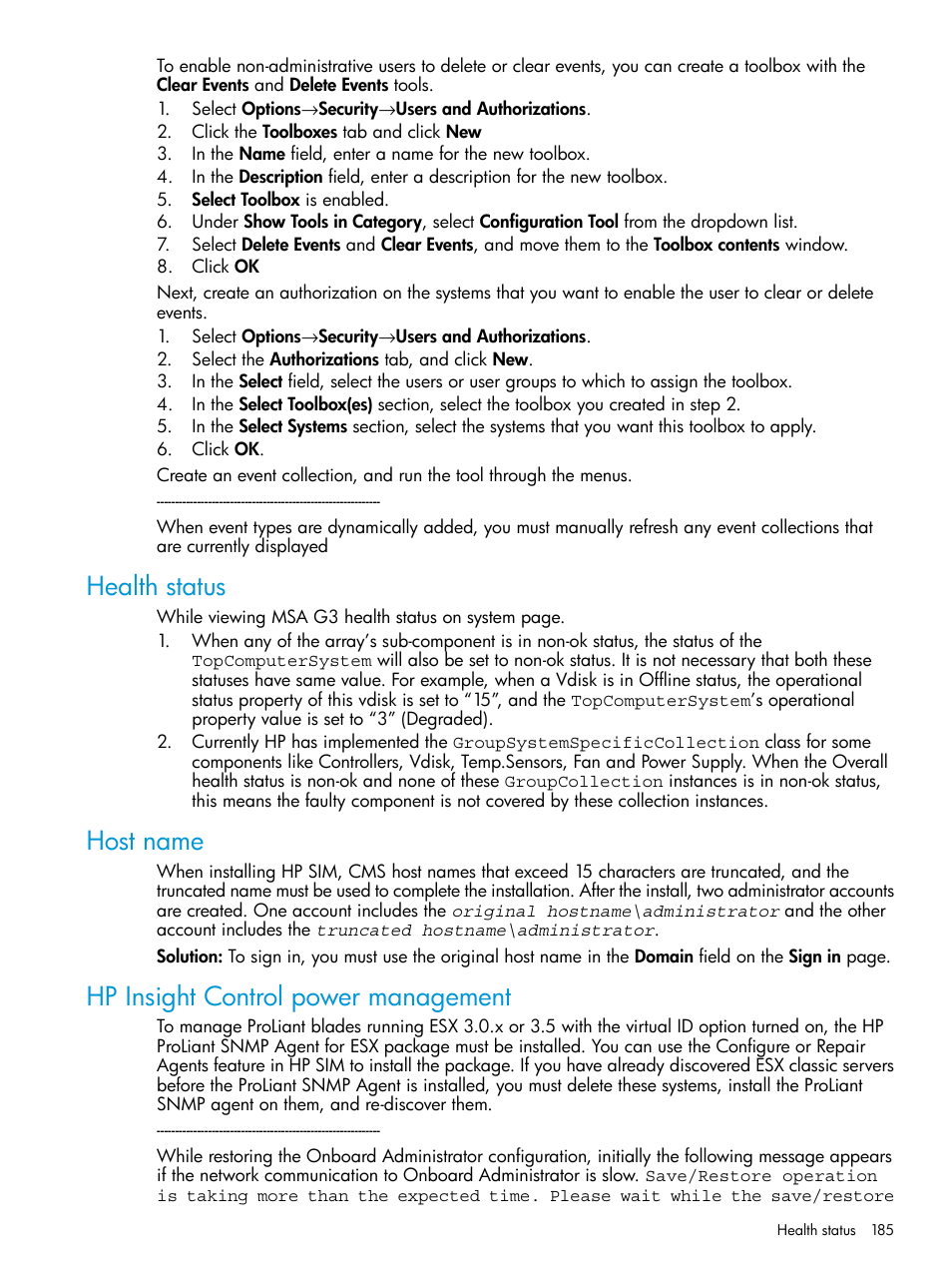 Health status, Host name, Hp insight control power management | HP Systems Insight Manager User Manual | Page 185 / 256