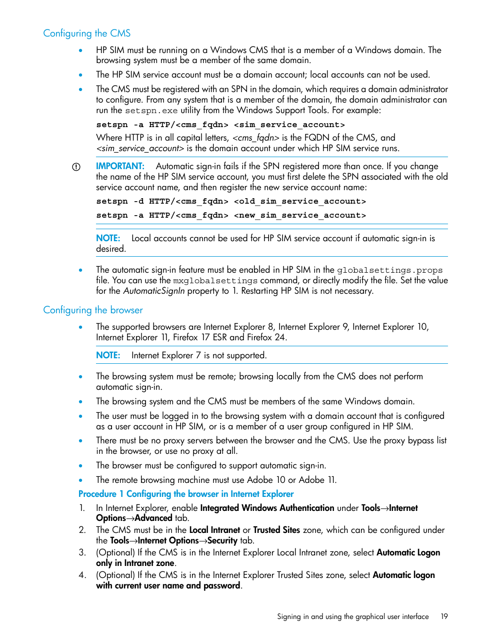 Configuring the cms, Configuring the browser, Configuring the cms configuring the browser | HP Systems Insight Manager User Manual | Page 19 / 256