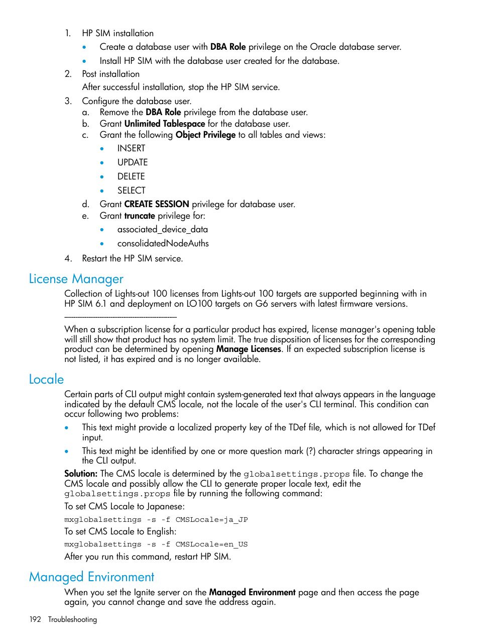 License manager, Locale, Managed environment | License manager locale managed environment | HP Systems Insight Manager User Manual | Page 192 / 256