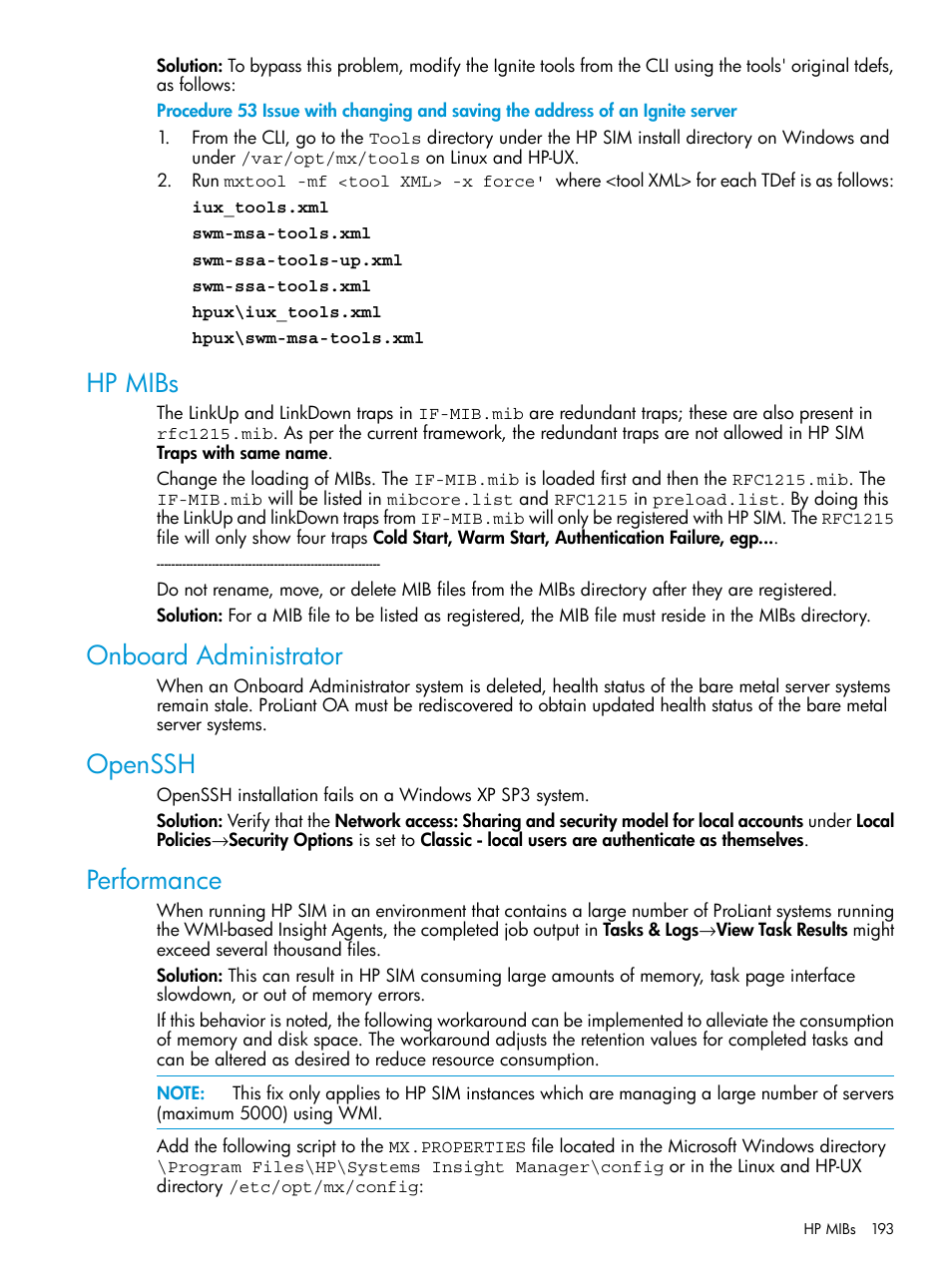 Hp mibs, Onboard administrator, Openssh | Performance, Hp mibs onboard administrator openssh performance | HP Systems Insight Manager User Manual | Page 193 / 256